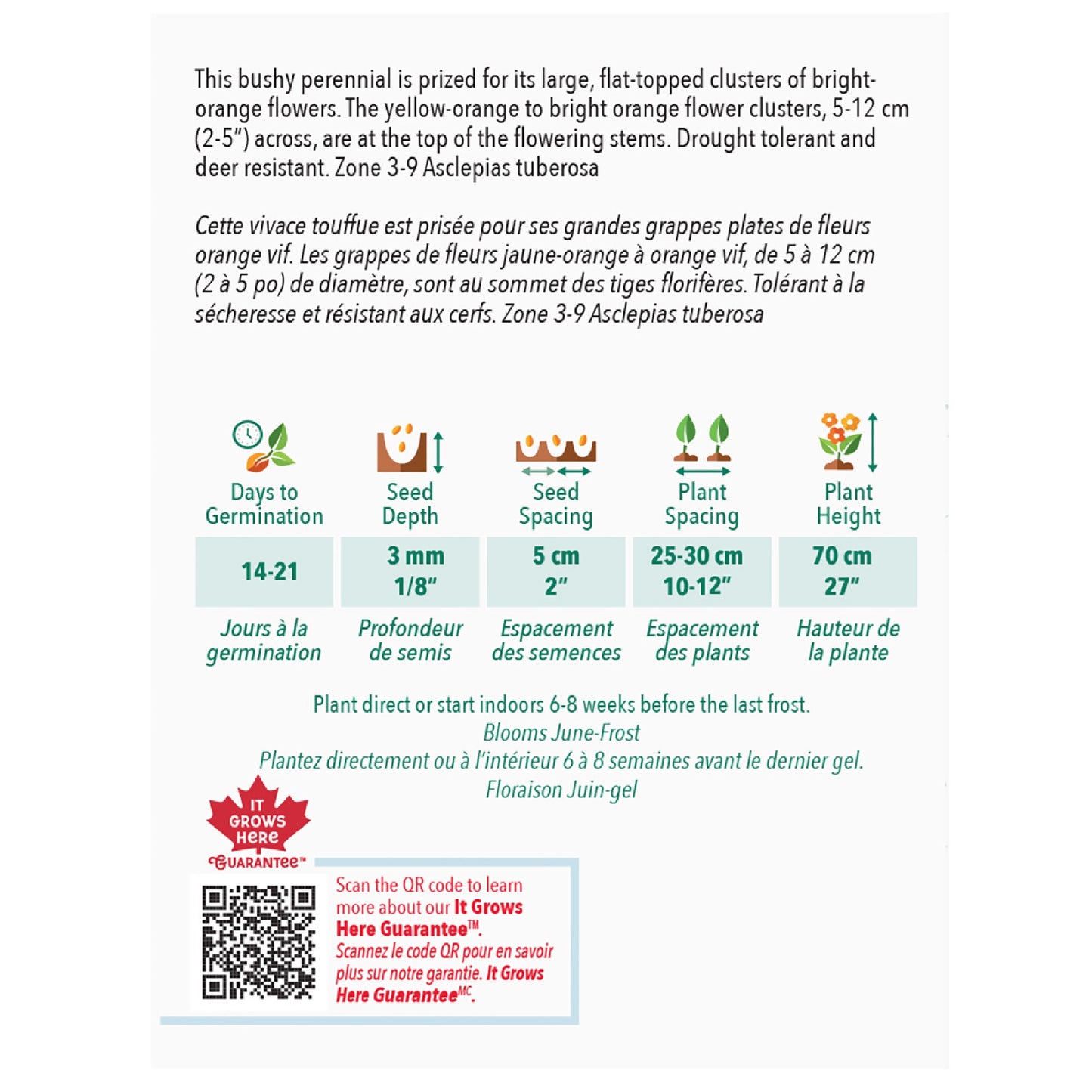 Seed packet with plant information and QR code on a white background