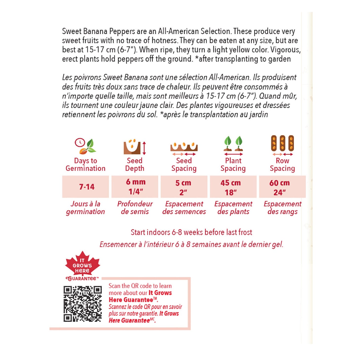 Sweet Banana Pepper seed packet with planting instructions and QR code on a white background