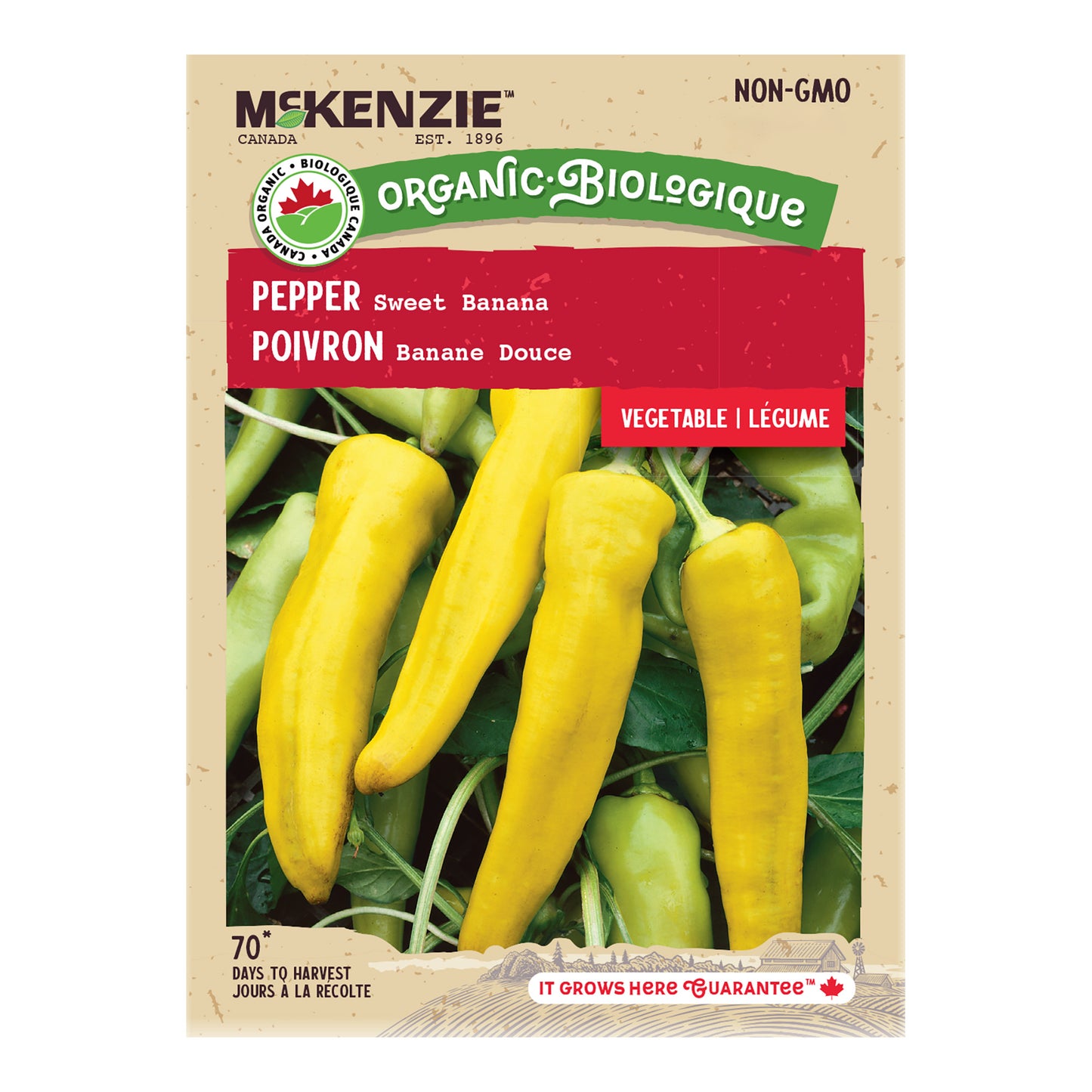 Front of McKenzie Seeds pepper seed packet showing variety name and brand logo