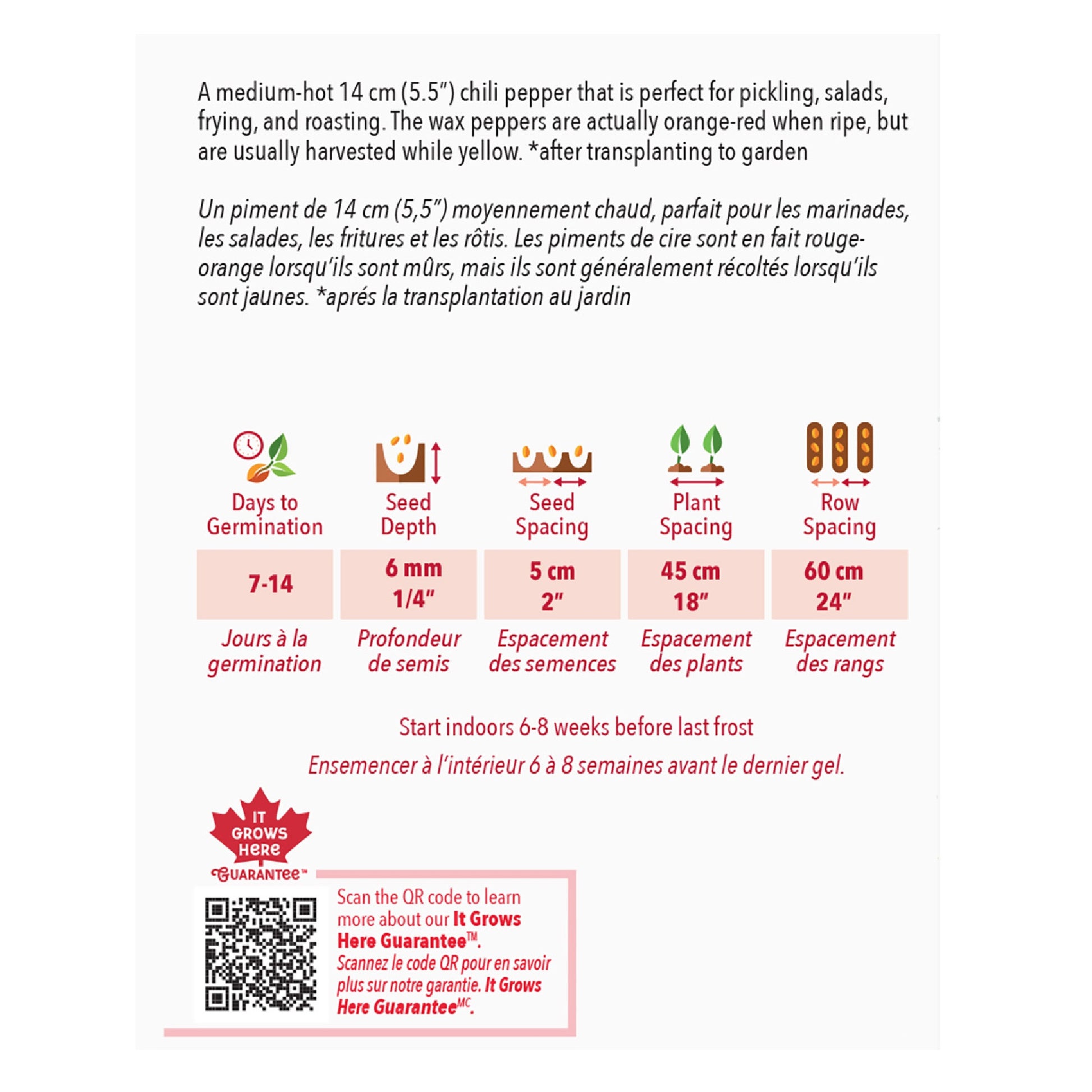 Seed packet for a medium-hot chili pepper with planting instructions and product details.