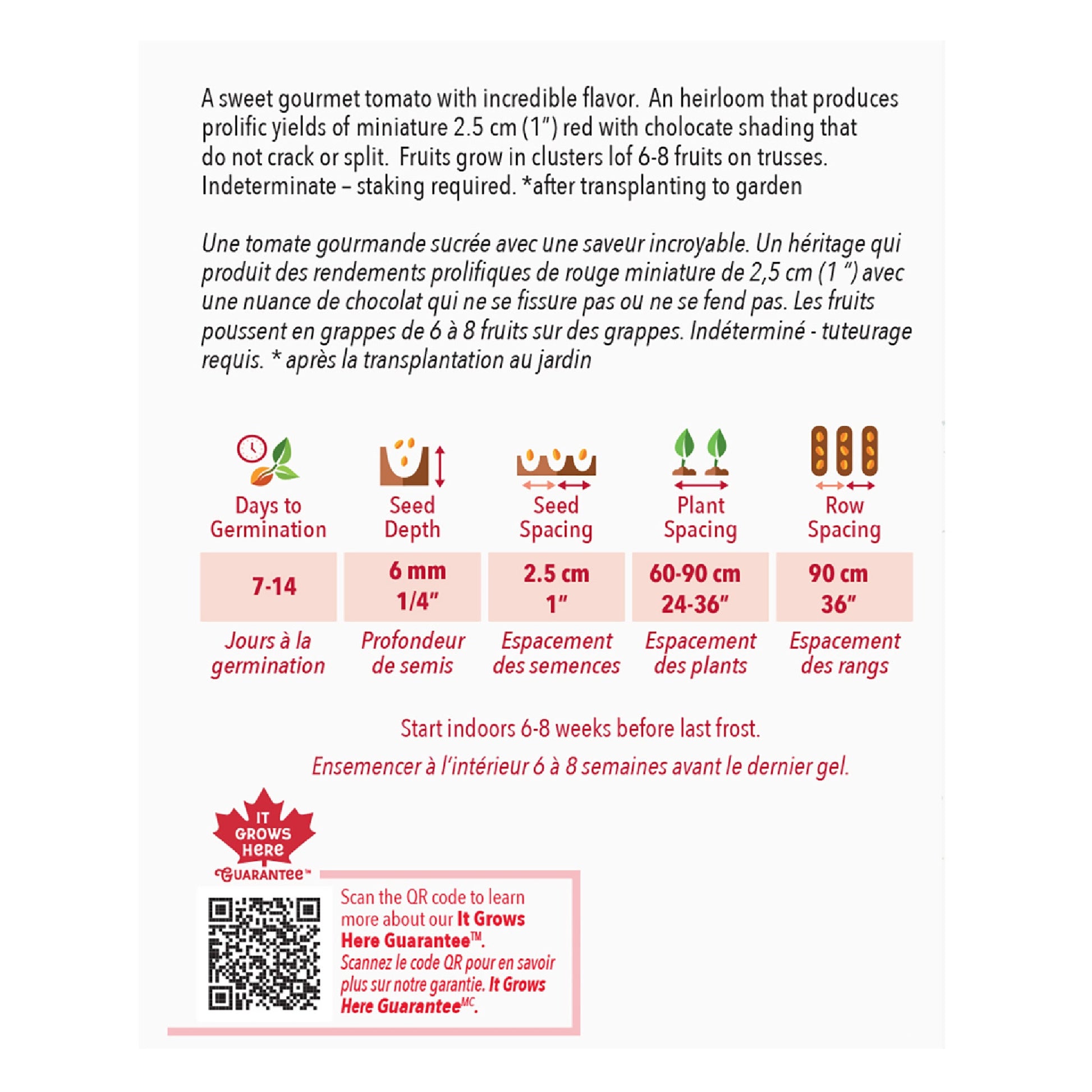Gardening information card for a sweet gourmet tomato with text and graphics on a white background.