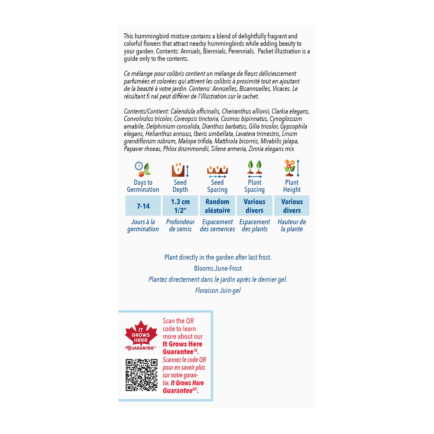 Back of a seed packet with text, QR code, and branding on a white background