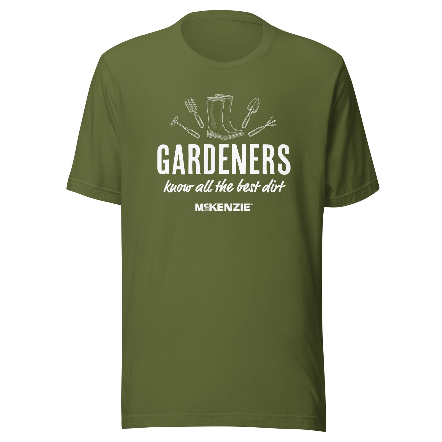 Person wearing a green t-shirt with gardening-themed text and graphics on a white background