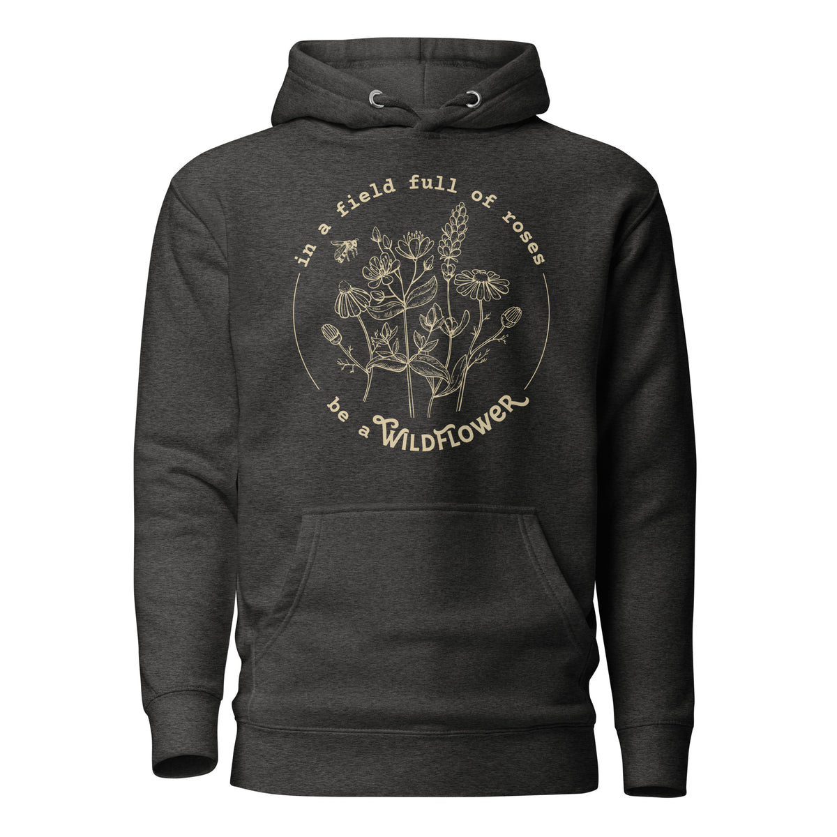Grey hoodie with a logo and text on a white background