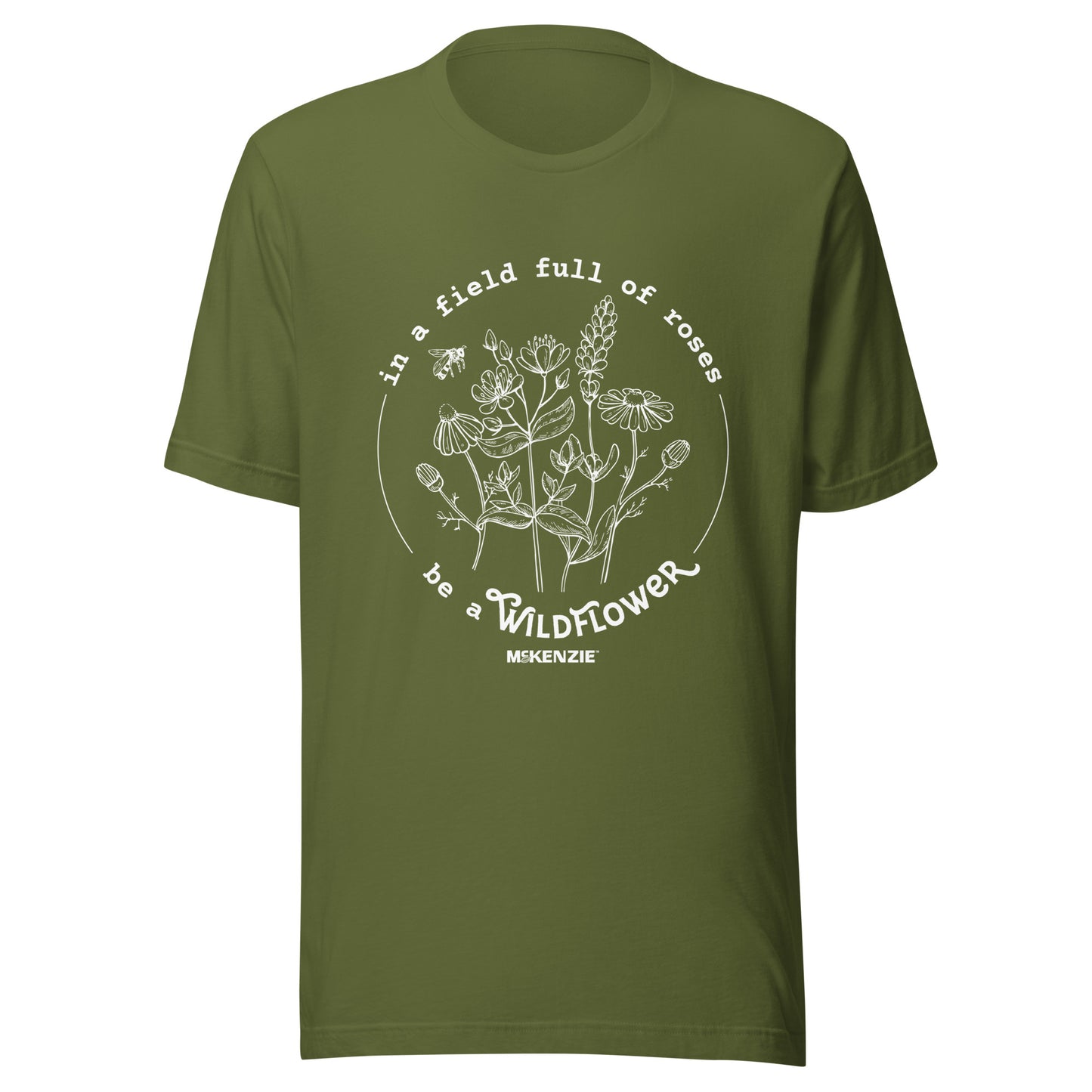 Person wearing a green t-shirt with a floral design and text on a white background