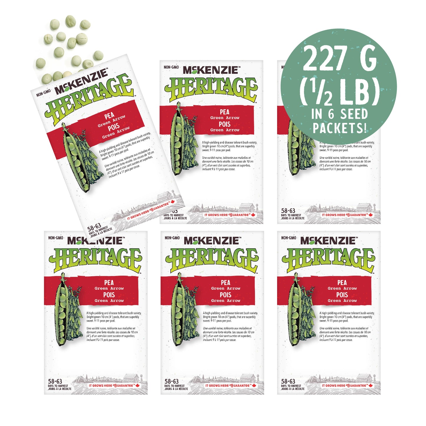 Front of McKenzie Seeds pea seed packet showing variety name and brand logo. 6 packets.
