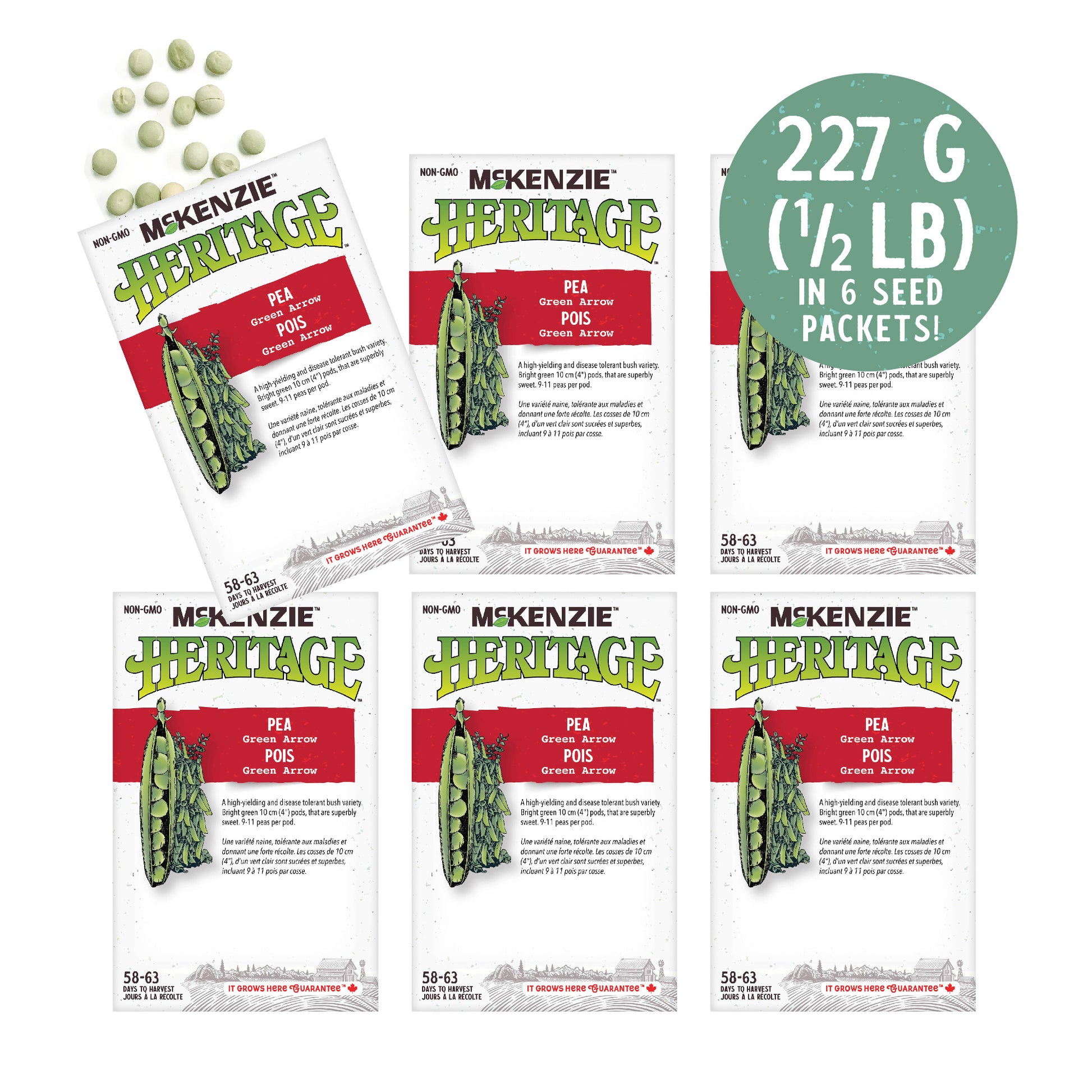 Front of McKenzie Seeds pea seed packet showing variety name and brand logo. 6 packets.