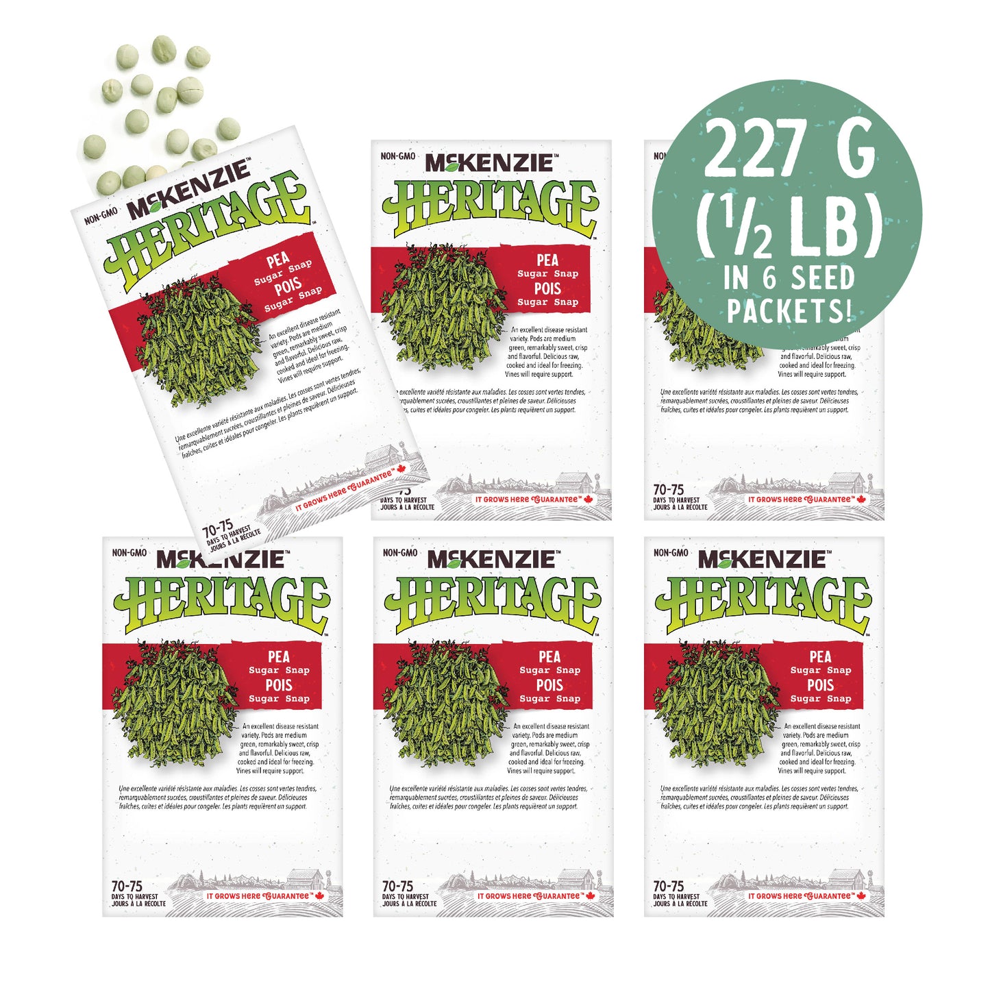 Front of McKenzie Seeds pea seed packet showing variety name and brand logo. 6 packets
