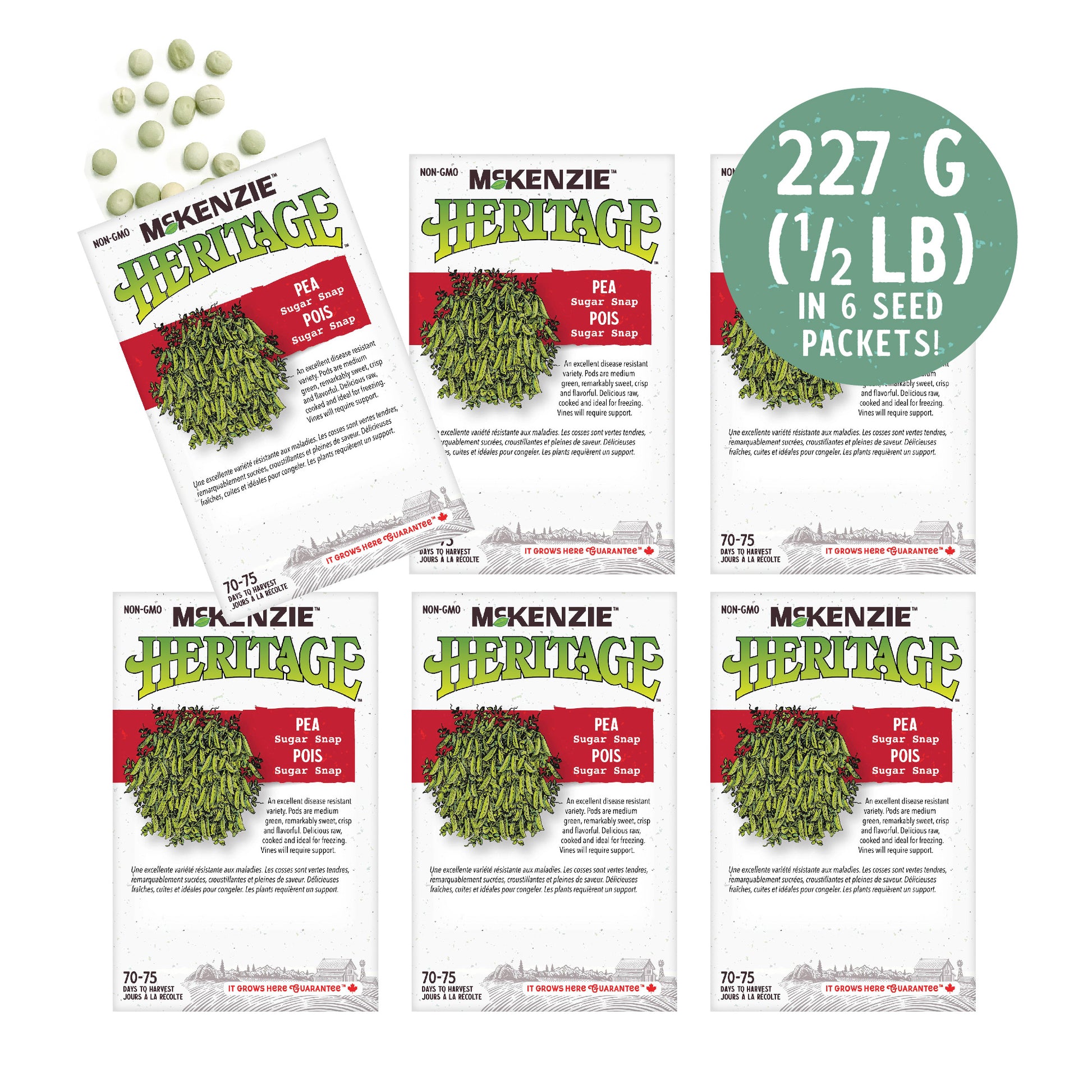 Front of McKenzie Seeds pea seed packet showing variety name and brand logo. 6 packets