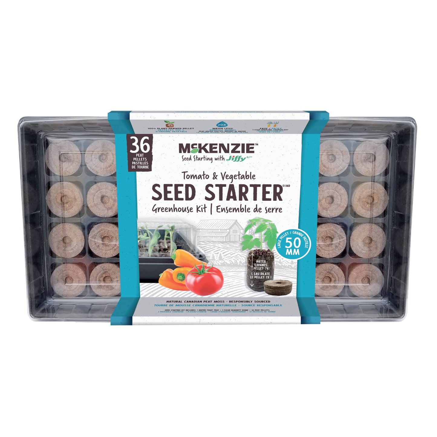 A Jiffy brand seed starting kit containing 36 cells with 50mm diameter peat pellets, packaged in a black tray with a clear humidity dome on top.
