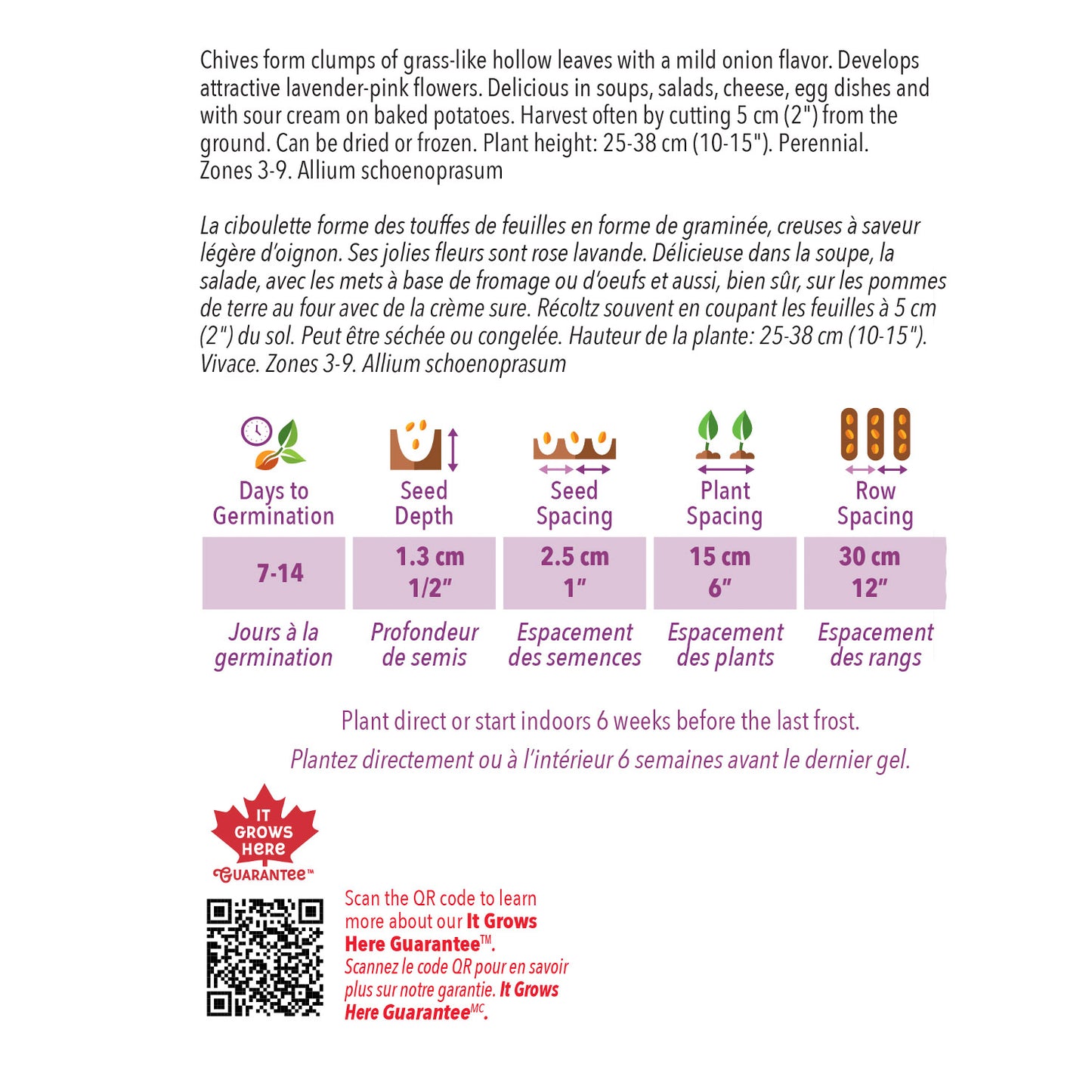 Seed packet with chive planting instructions and product details on a white background