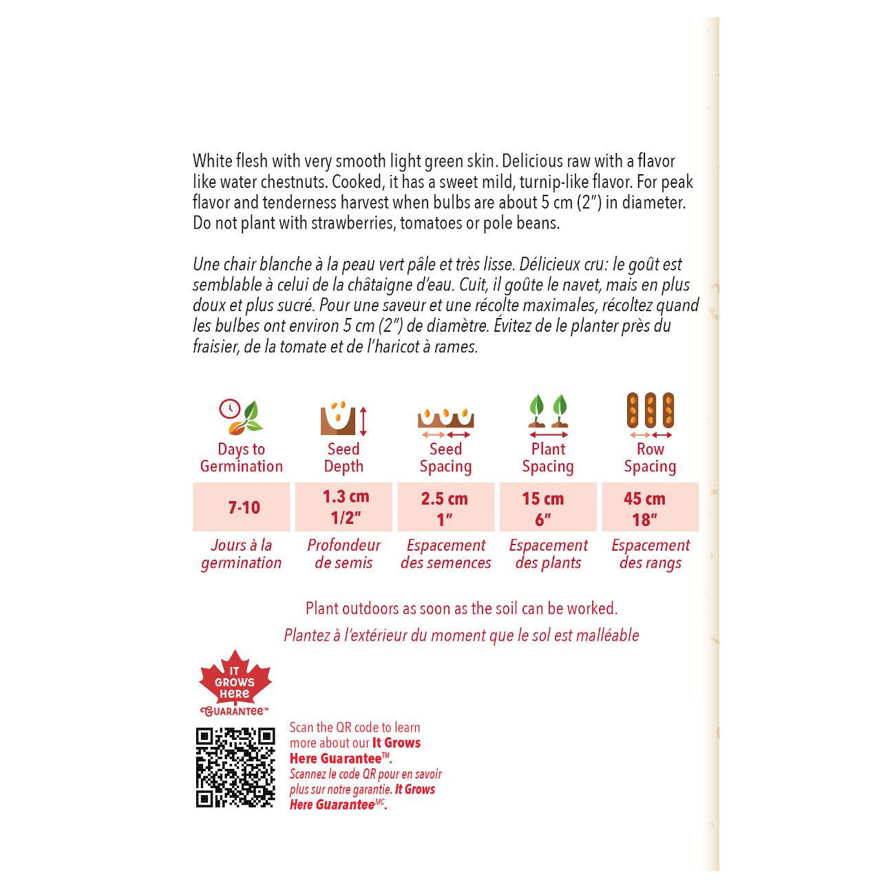 Seed packet with planting instructions and product details on a white background