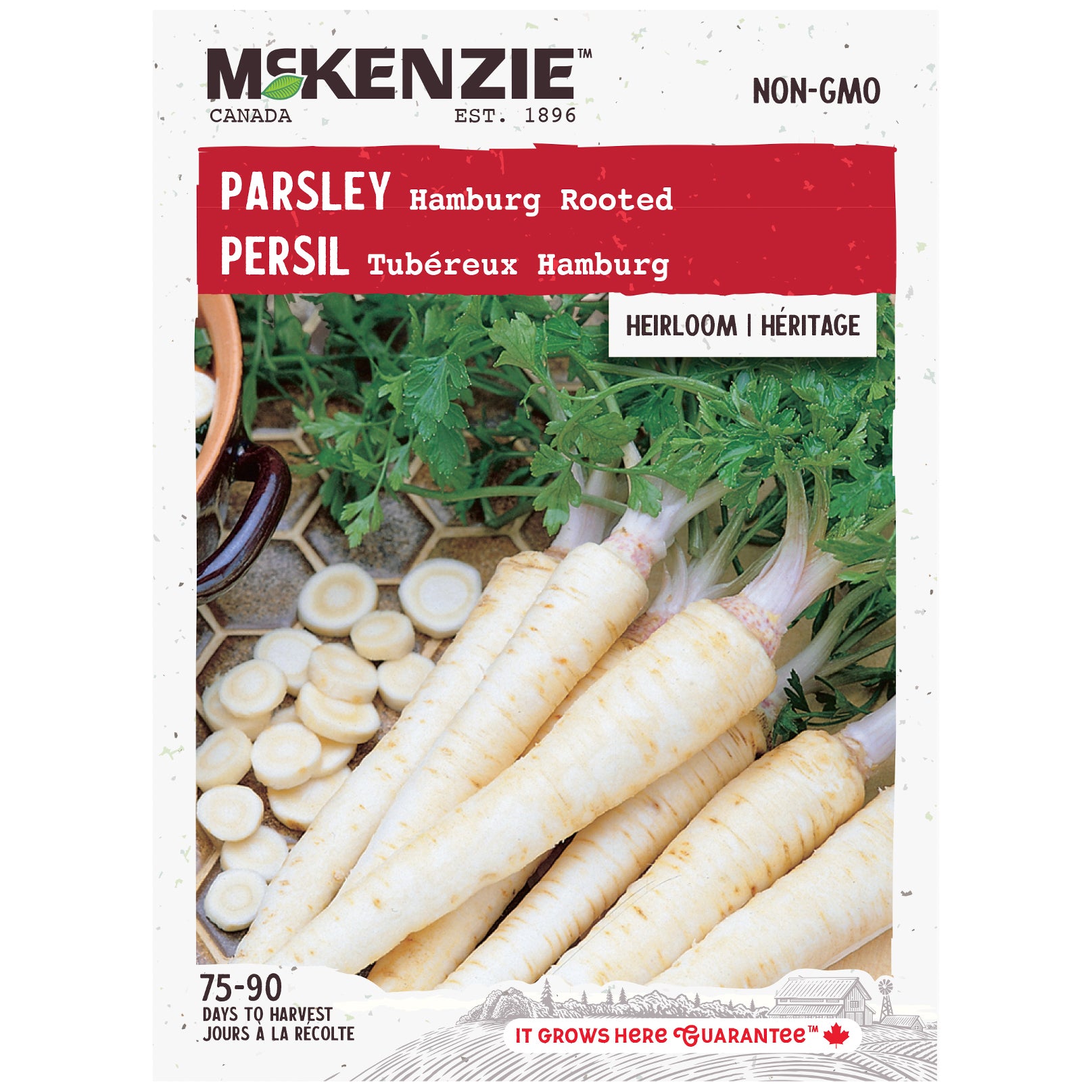 Mckenzie brand parsley seed packet with parsley roots and leaves on a white background
