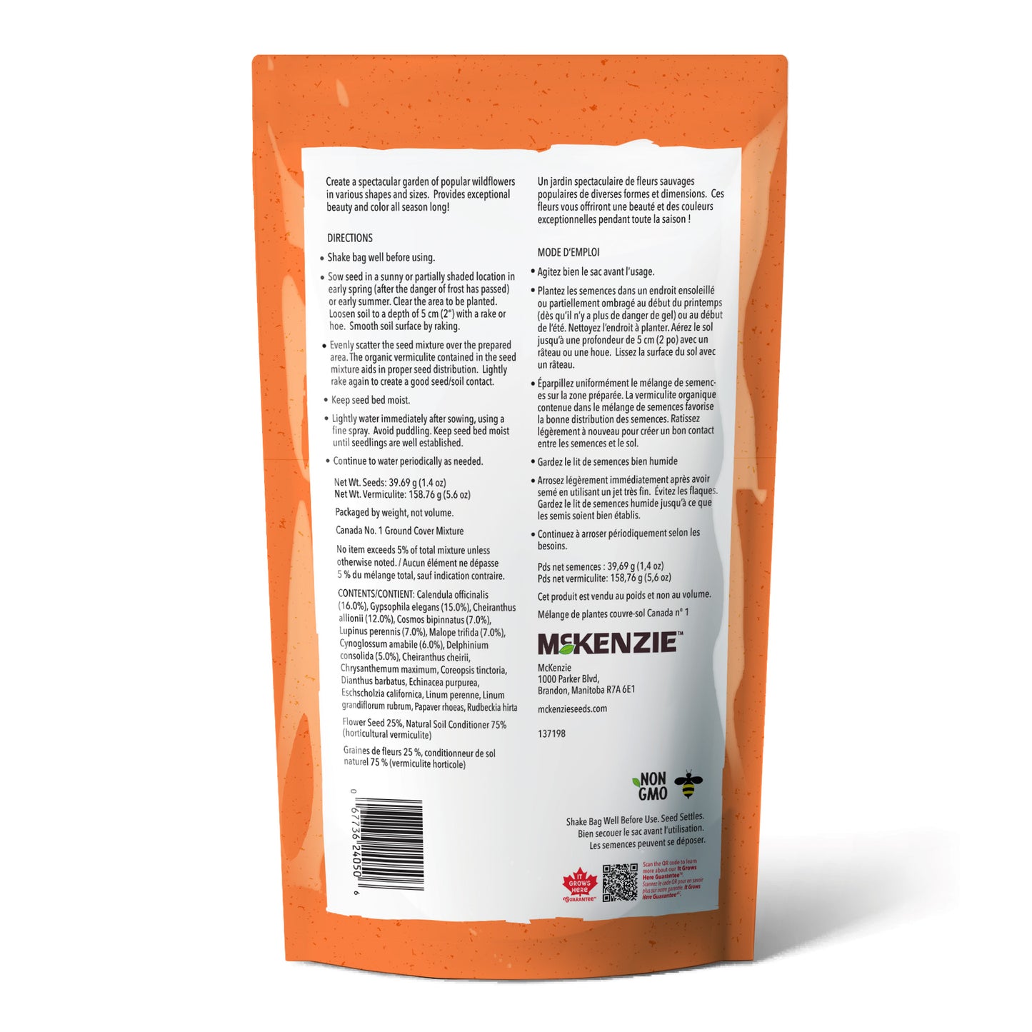 A shaker bag of McKenzie Seeds Wildflowers All Purpose Mix, showing a colorful blend of wildflower seeds and vermiculite.