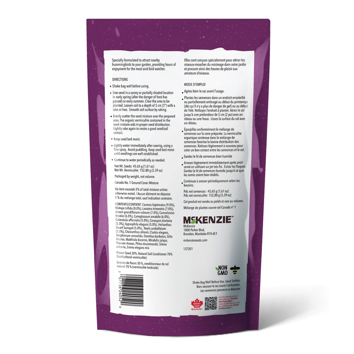 A shaker bag of McKenzie Seeds Wildflowers, Hummingbird Garden Mix back of packaging with directions