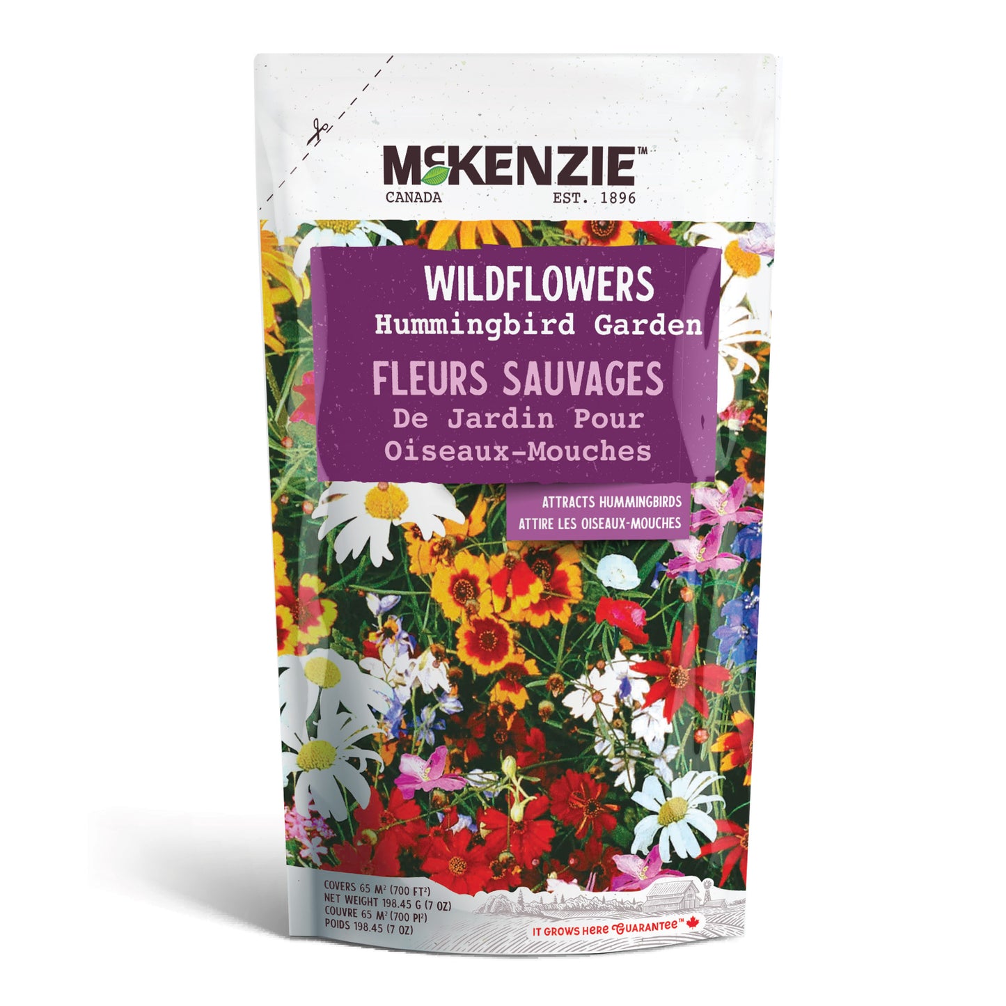 A shaker bag of McKenzie Seeds Wildflowers, Hummingbird Garden Mix, showing a colorful blend of wildflower seeds designed to attract hummingbirds.