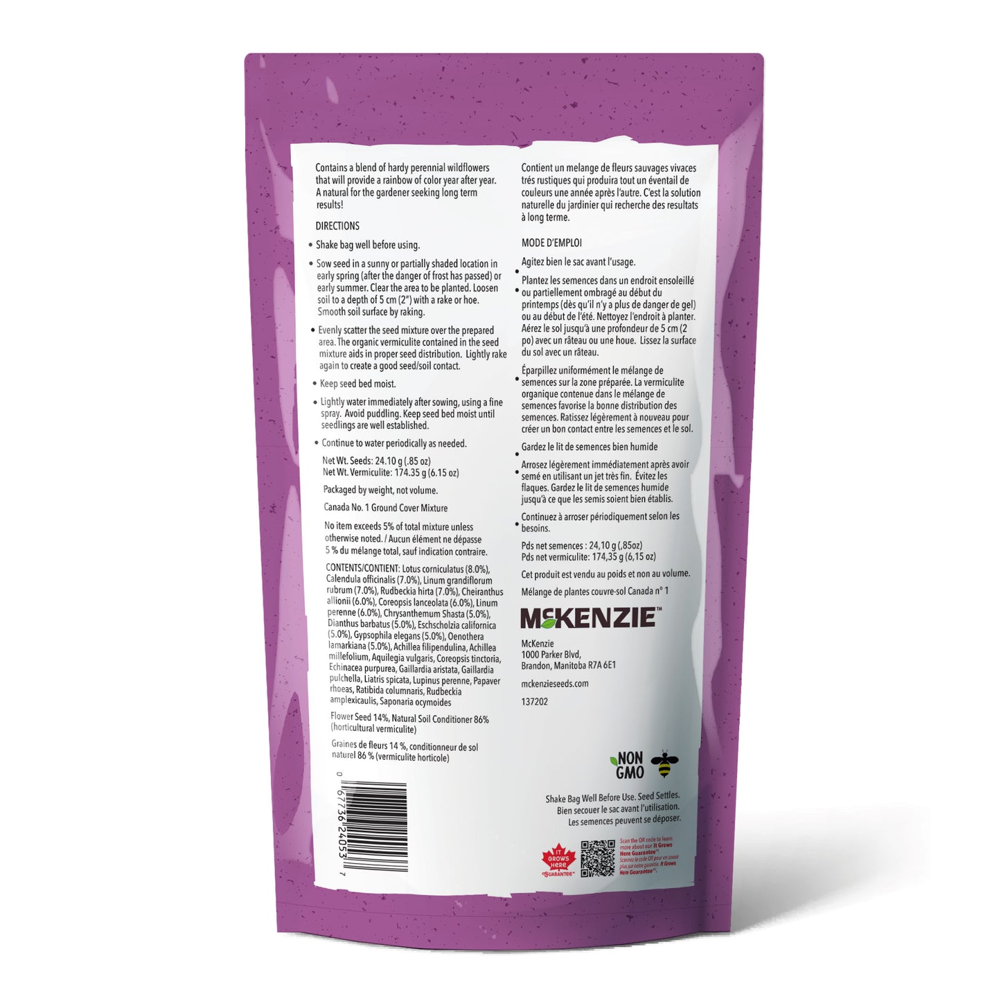 A shaker bag of McKenzie Seeds Wildflower, Perennial Mix back of packaging with directions