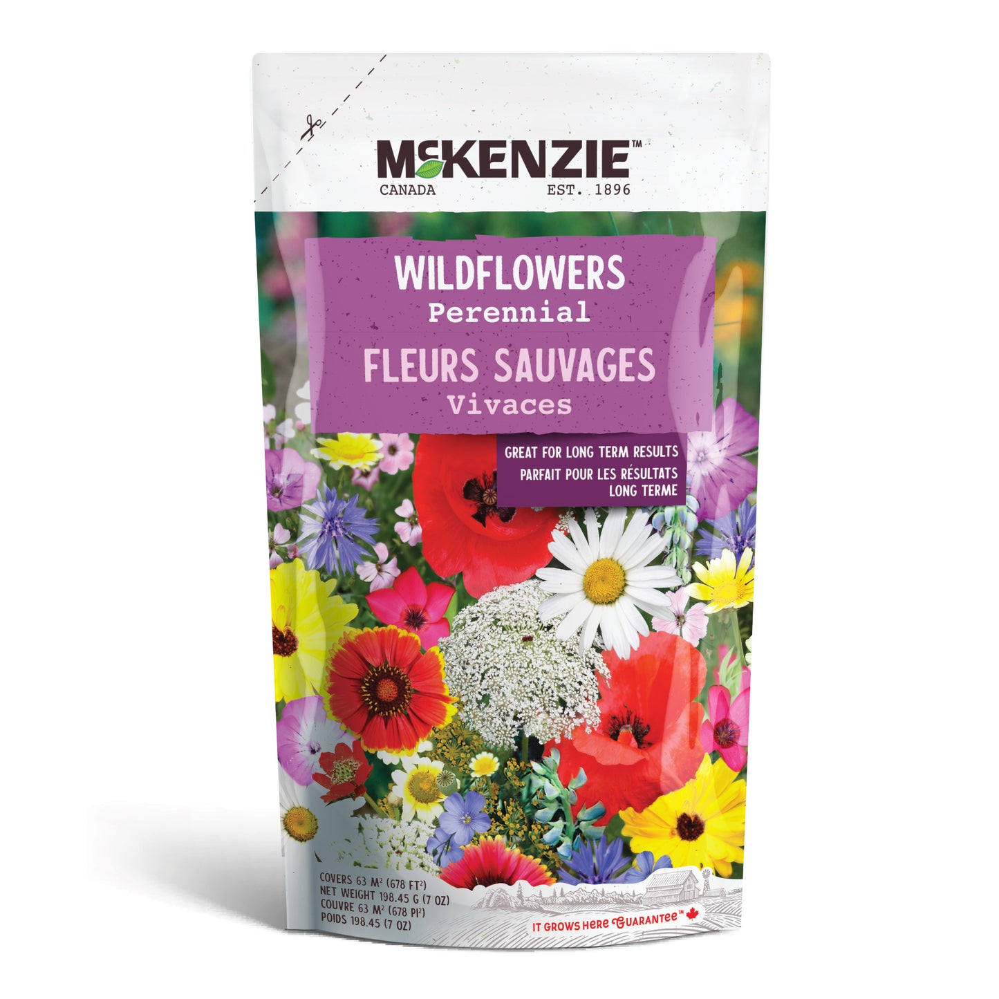 A shaker bag of McKenzie Seeds Wildflower, Perennial Mix with various colorful wildflower illustrations on the packaging.