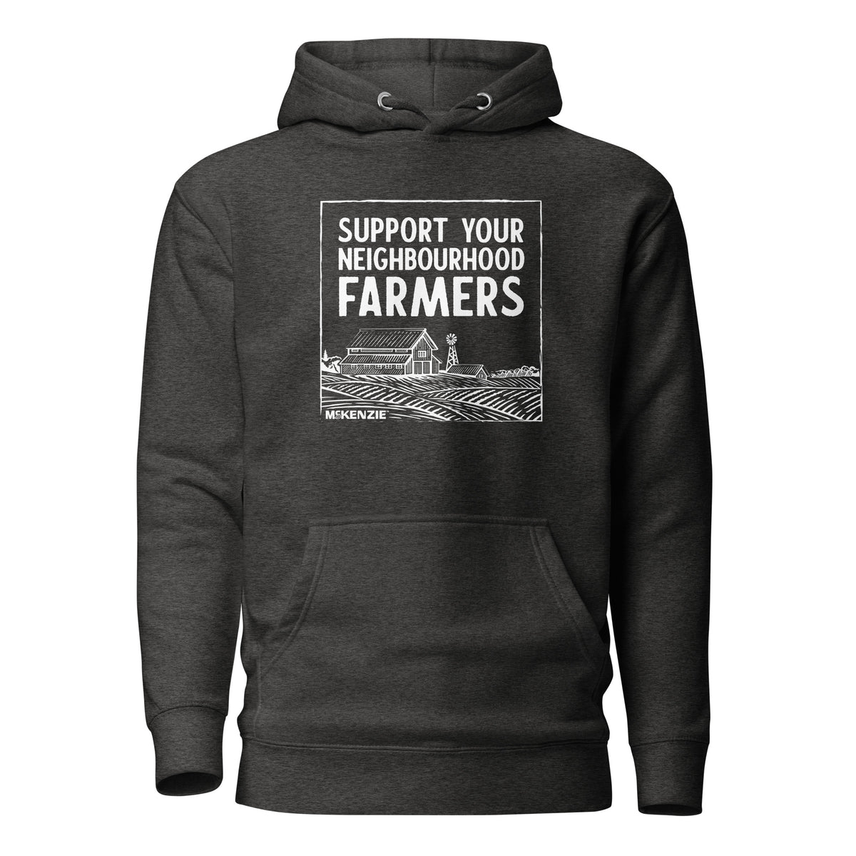 Dark gray hoodie with 'Support Your Neighbourhood Farmers' text and graphic on a white background