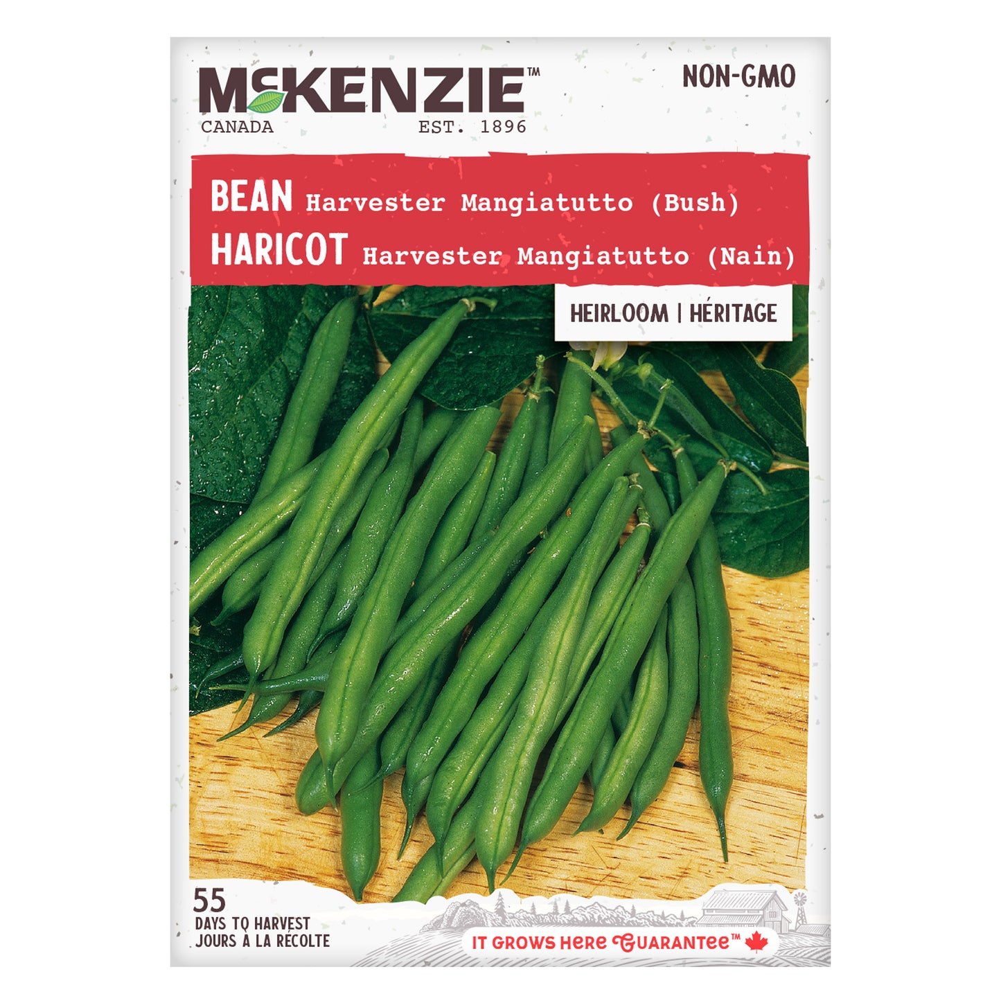 Front packaging of McKenzie Seeds Bean Harvester Mangiatutto, featuring a colorful illustration of the edible pod beans alongside the product name.