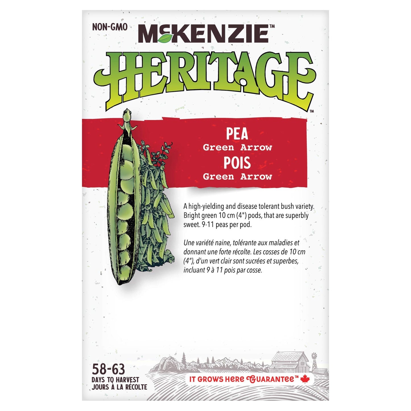 Front of McKenzie Seeds pea seed packet showing variety name and brand logo