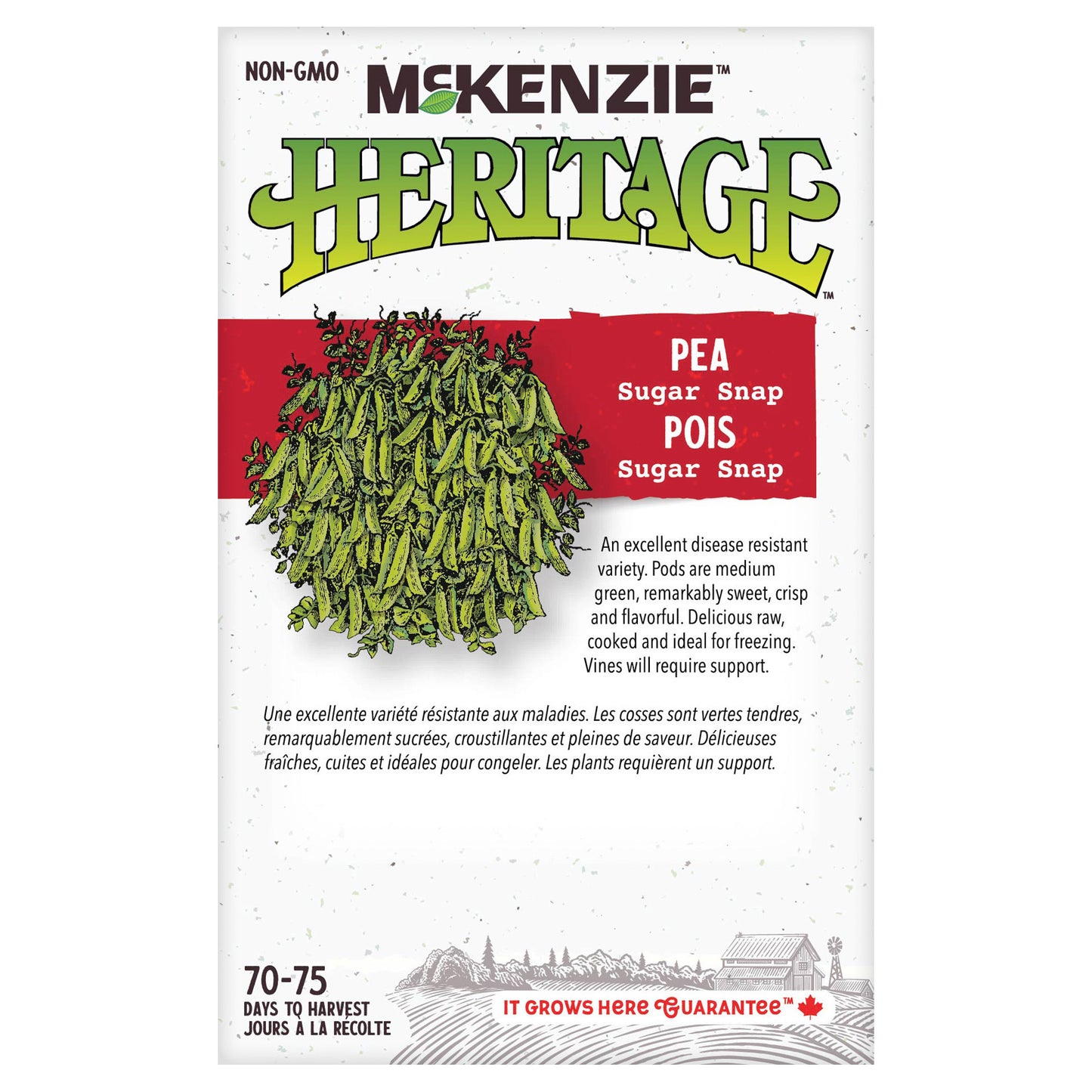 Front of McKenzie Seeds pea seed packet showing variety name and brand logo