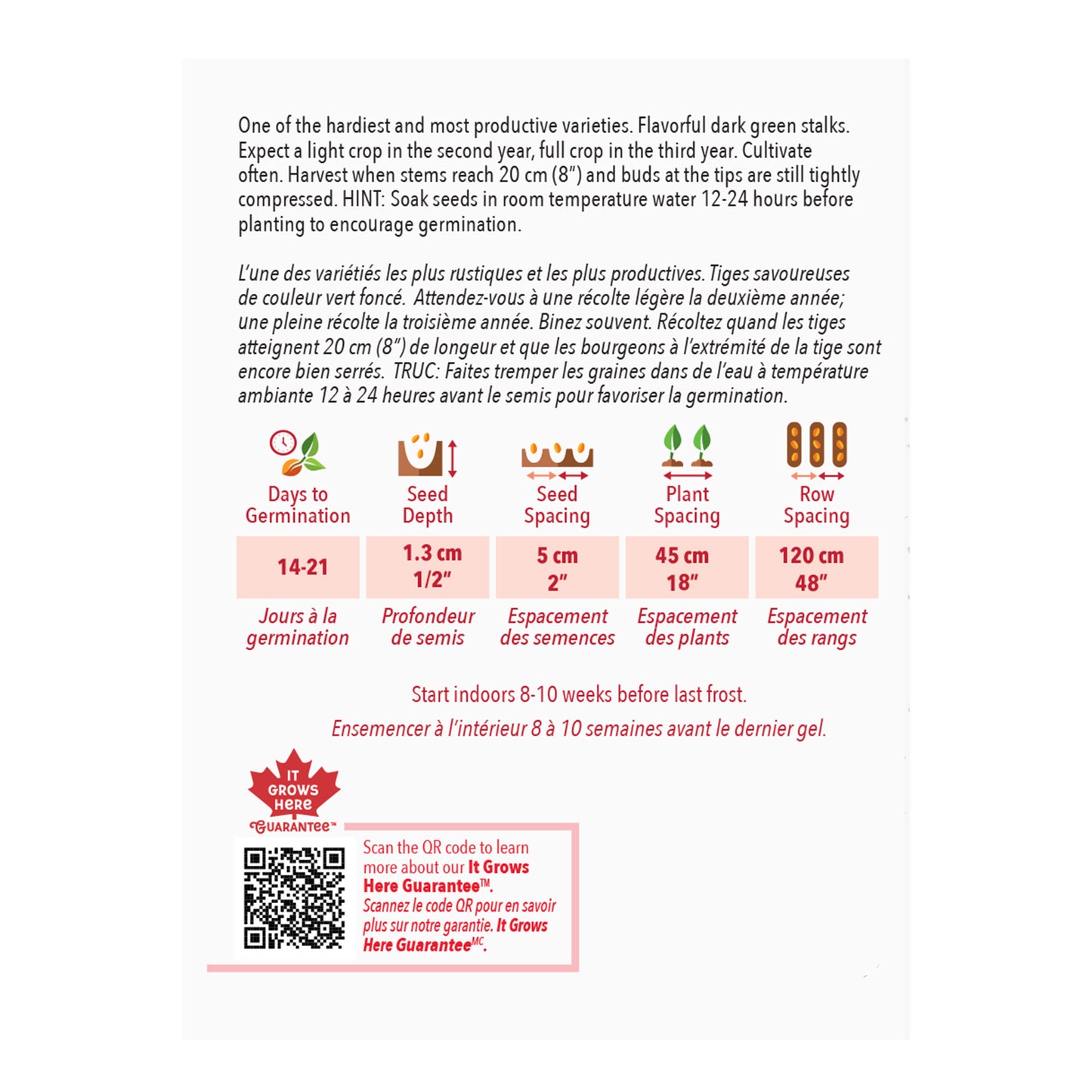 Seed packet with planting instructions and product details on a white background