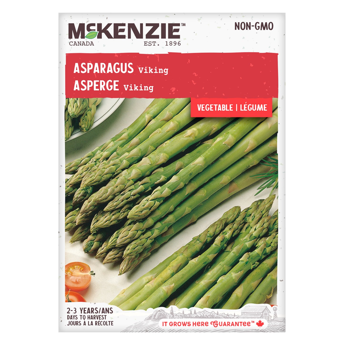 Front of McKenzie Seeds packaging for Asparagus Viking variety, featuring an image of green asparagus spears and the McKenzie Seeds logo at the top.