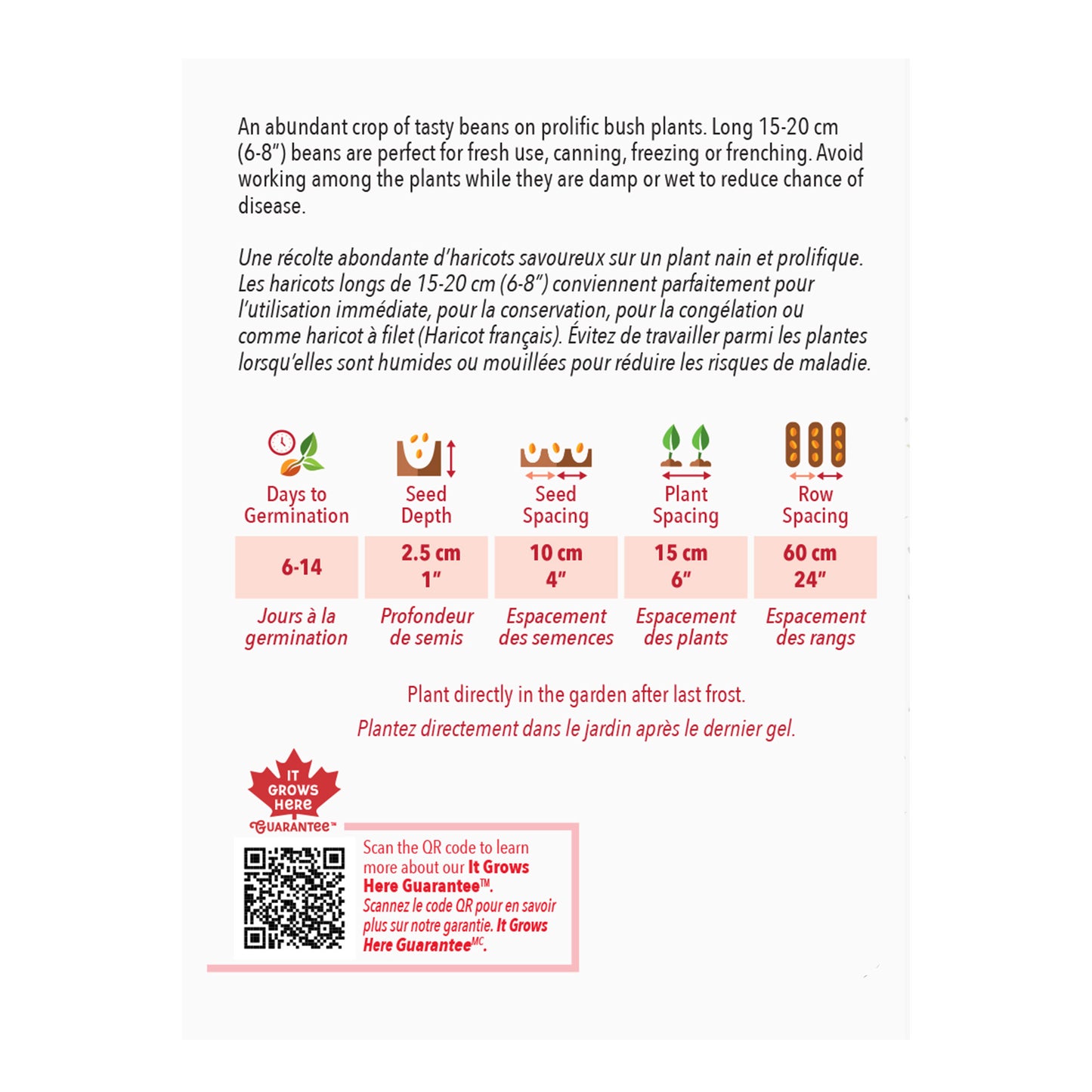 Seed packet with planting instructions and product details on a white background