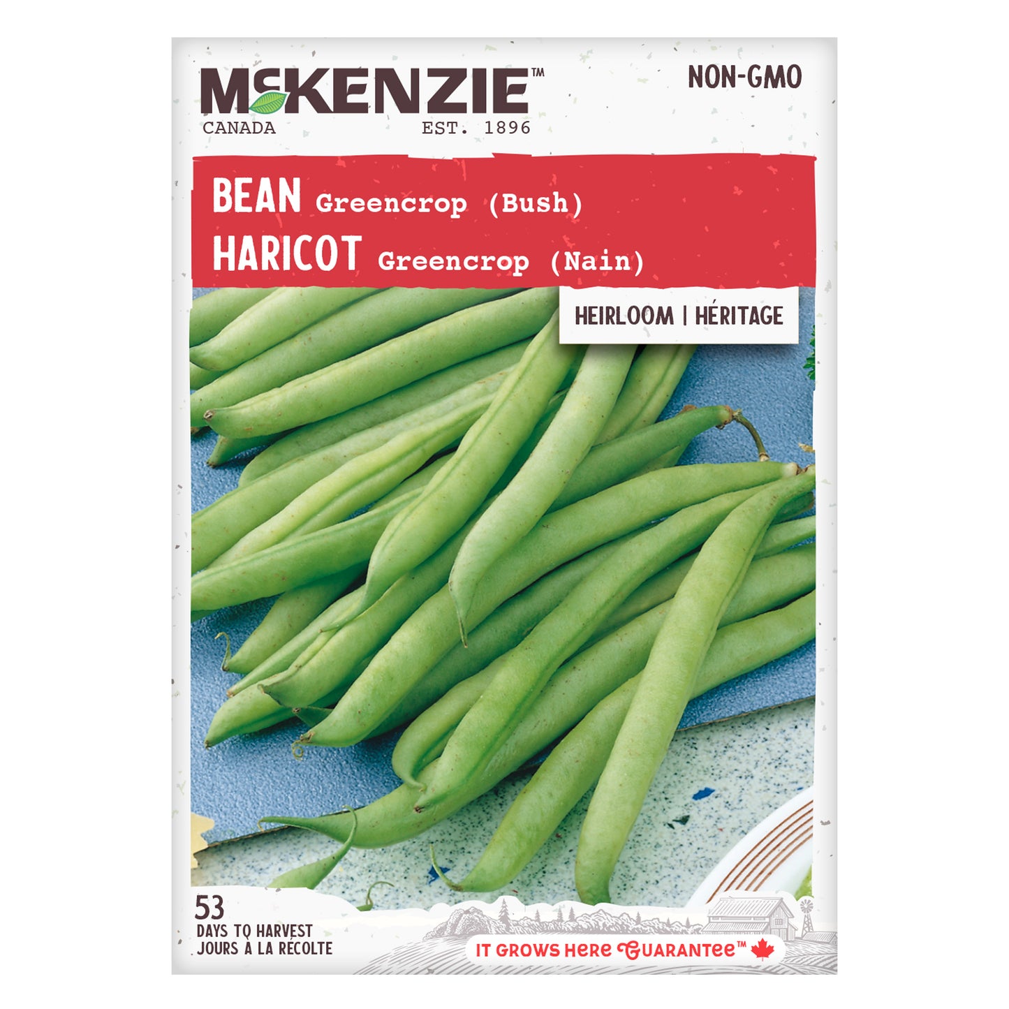 Front packaging of McKenzie Seeds Bean Greencrop, showcasing an image of vibrant green beans paired with the product name.