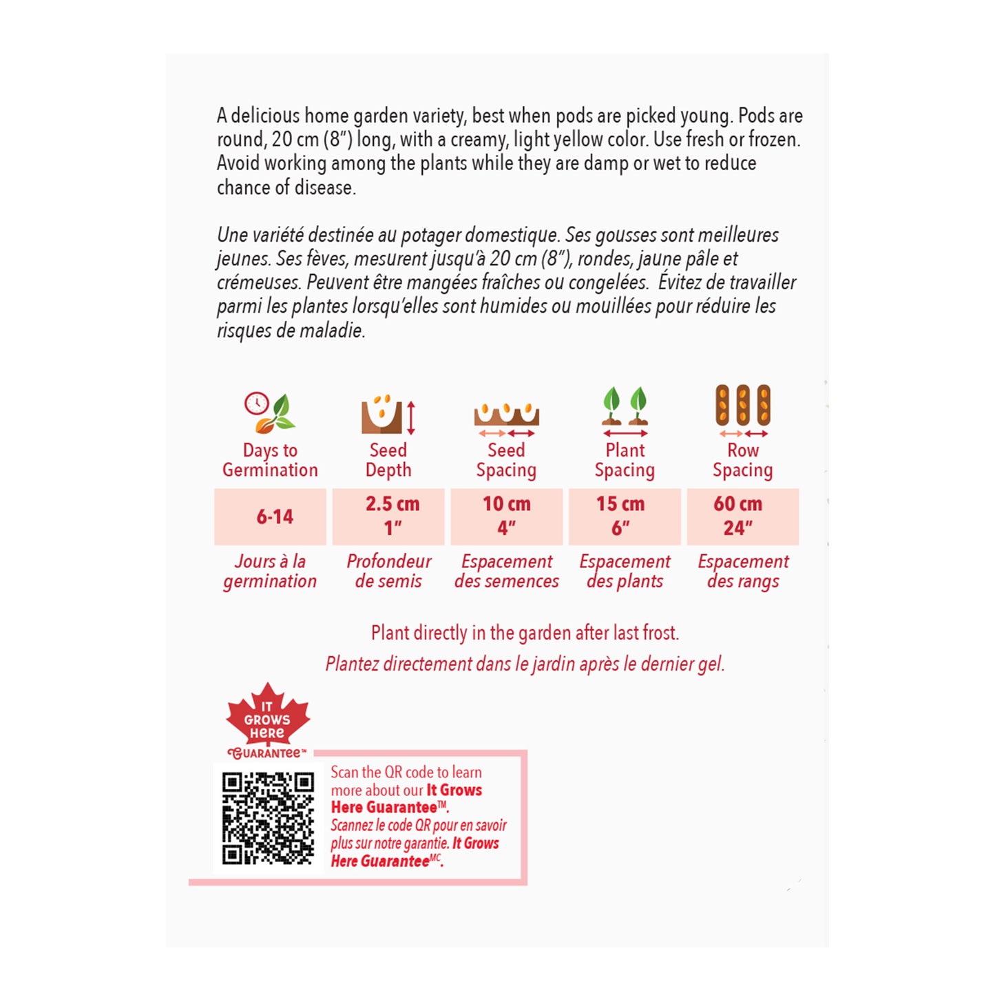 Seed packet with gardening instructions and QR code on a white background