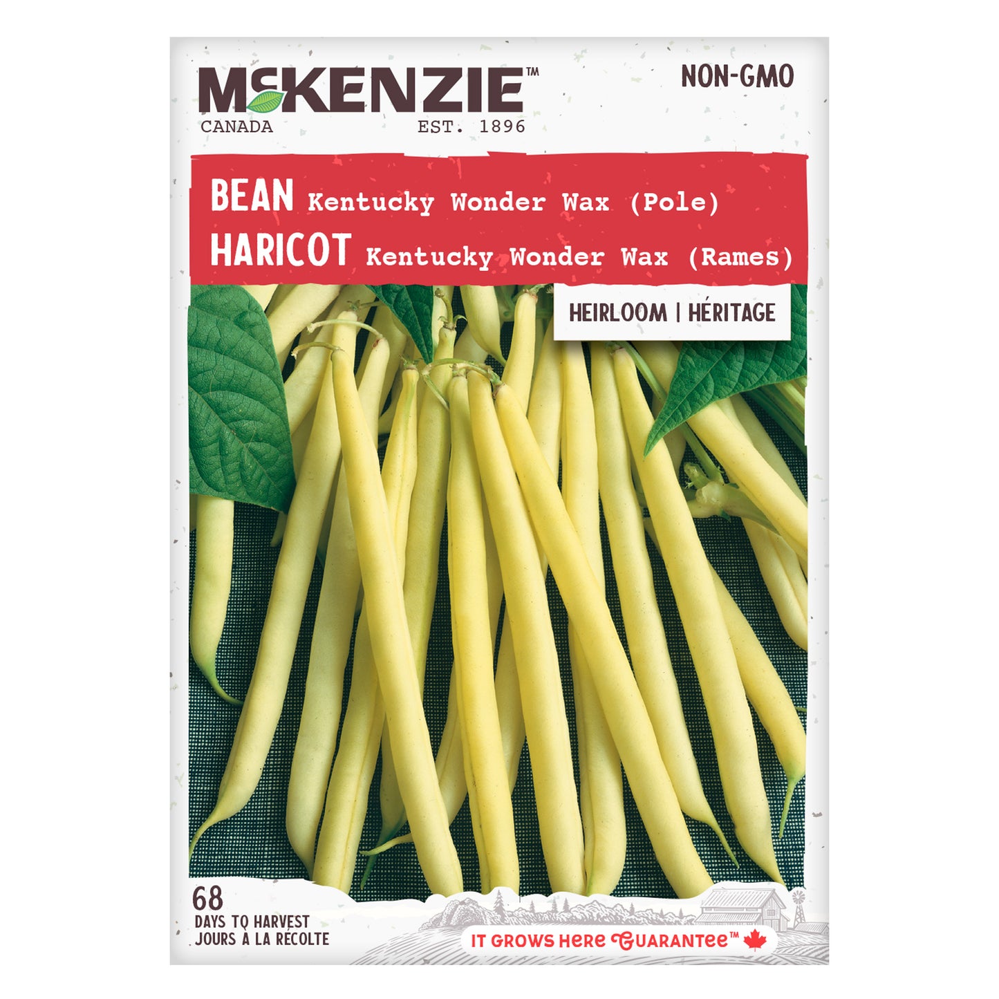 Front packaging of McKenzie Seeds Bean Kentucky Wonder Wax, featuring an inviting image of the yellow wax beans along with the product name.