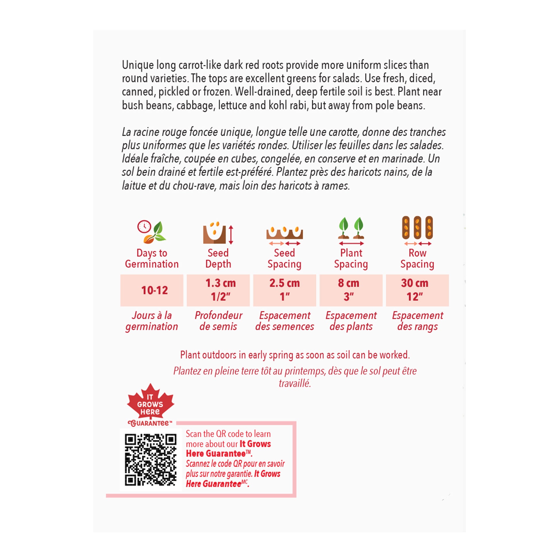 Seed packet with gardening instructions and product details on a white background