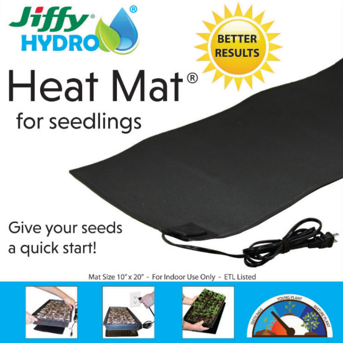 A black Jiffy brand heat mat for seed germination