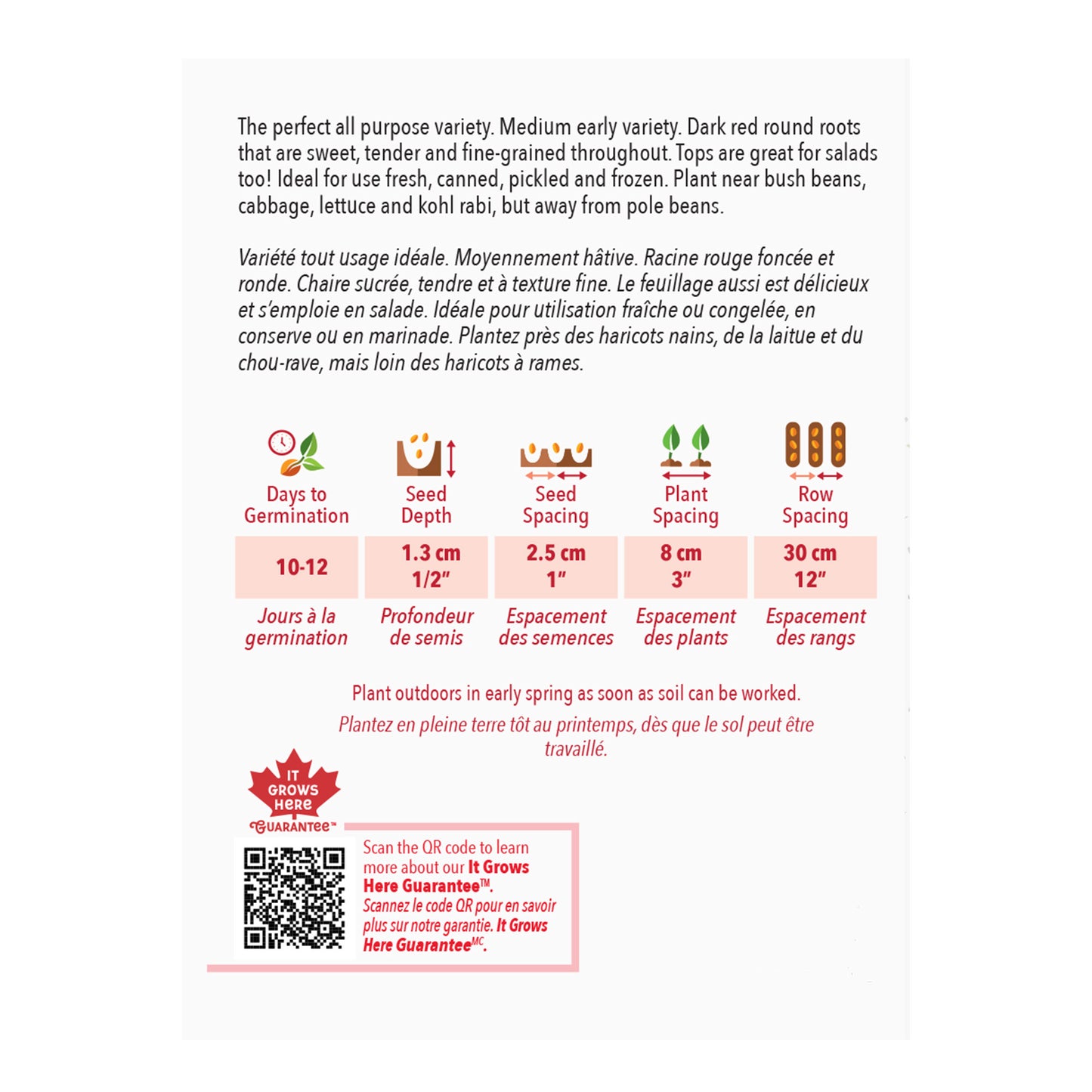 Seed packet with planting instructions and product details on a white background