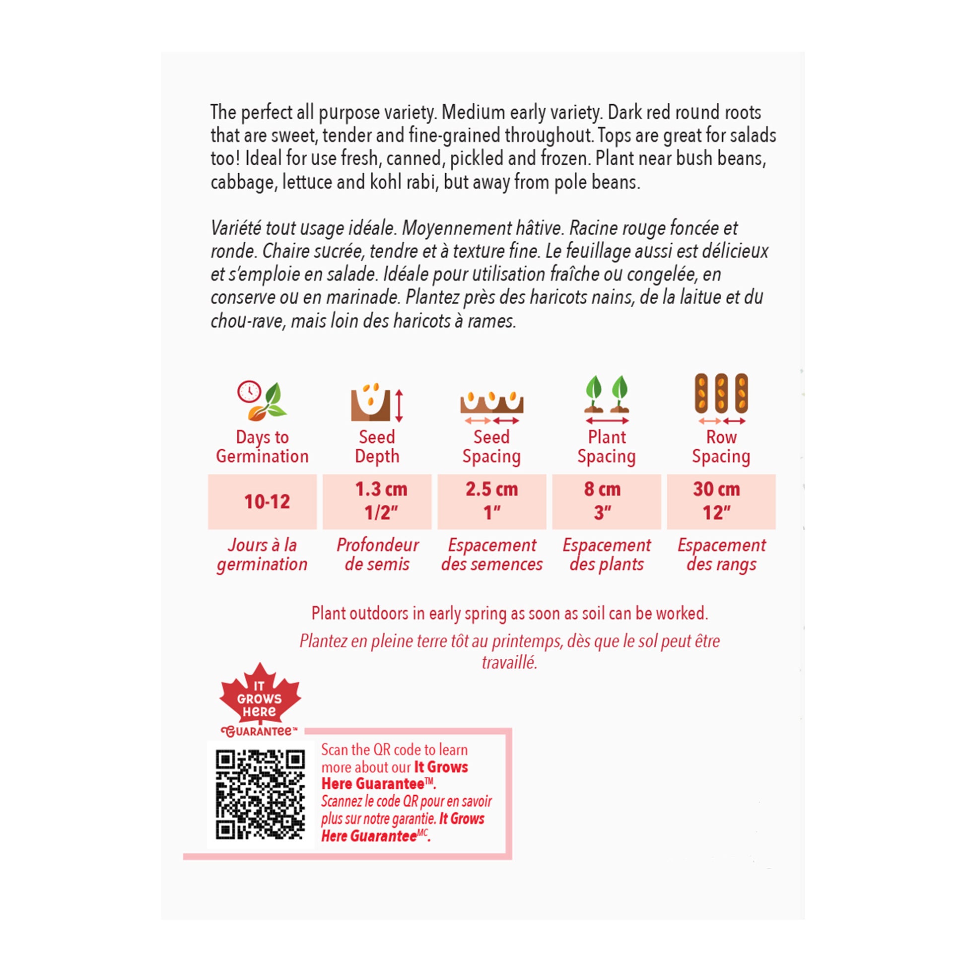 Seed packet with planting instructions and product details on a white background