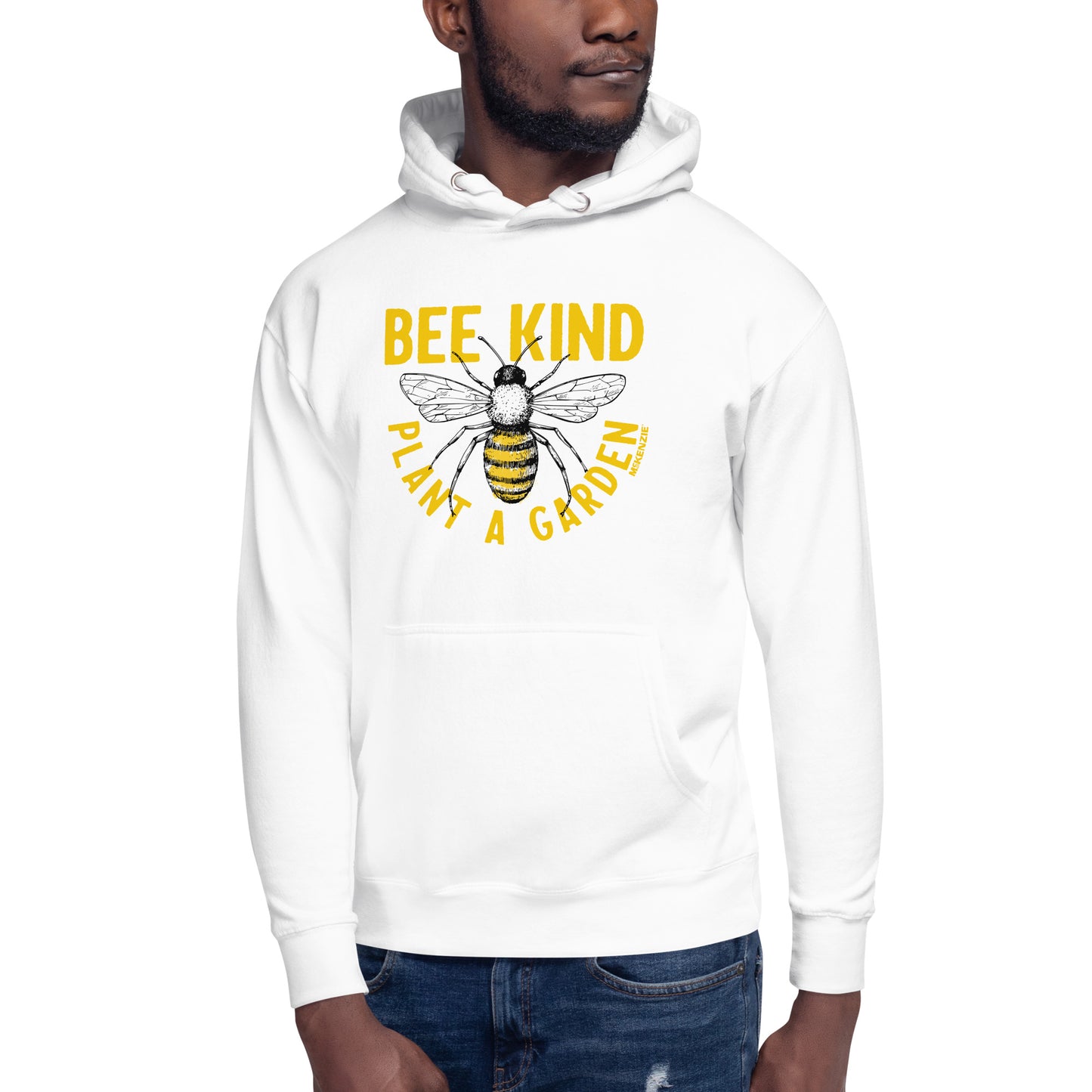 A unisex hoodie with a front pouch pocket and a graphic print of a bee on the back, with the text 'BEE KIND' and 'PLANT A GARDEN'.