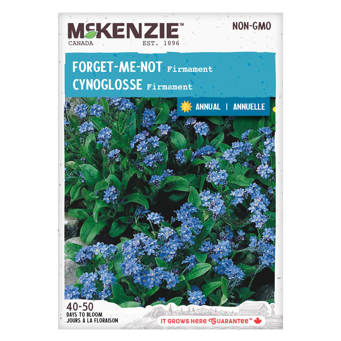 Front of McKenzie Seeds Forget Me Not seed packet showing brand logo