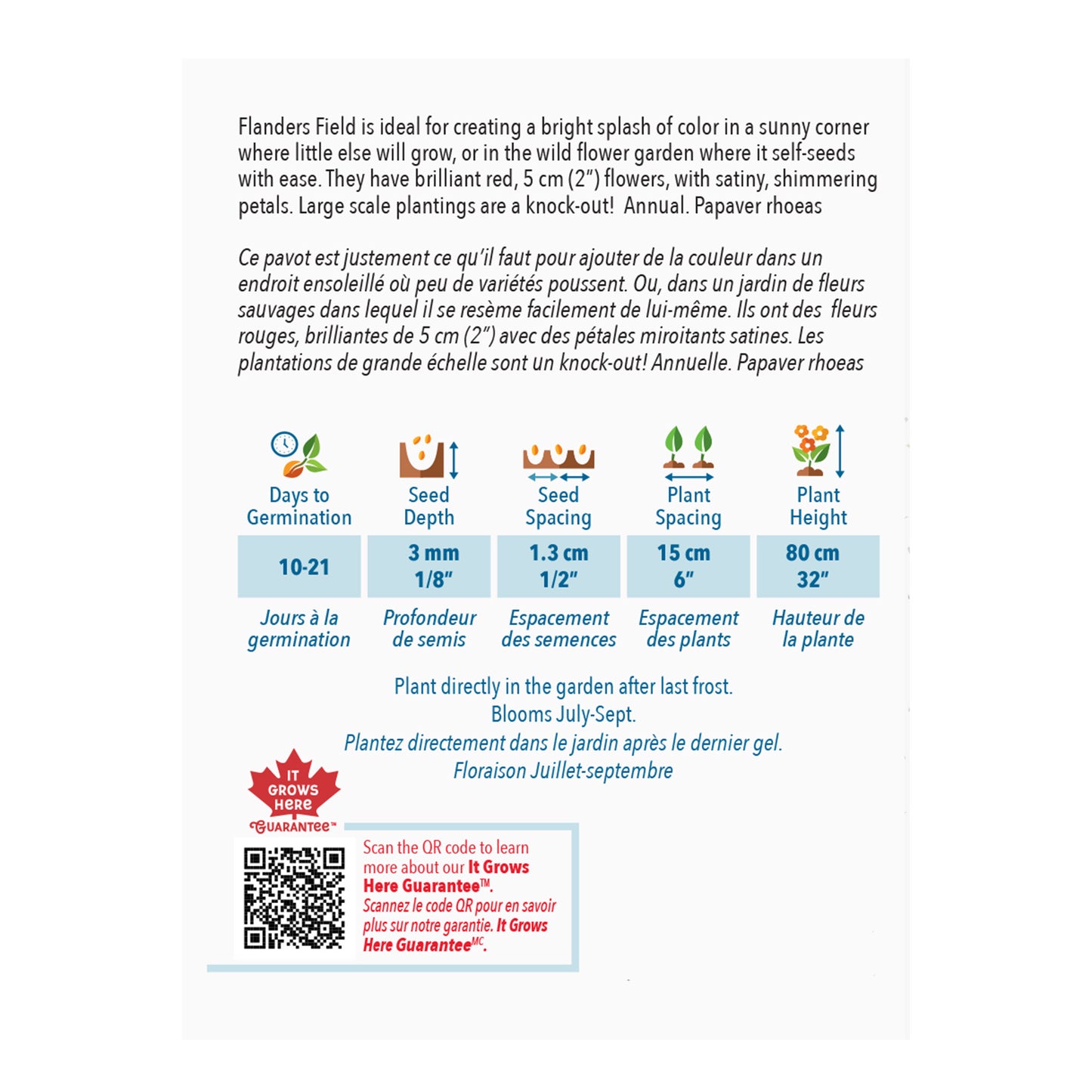 Back of a seed packet with planting instructions and product details on a white background