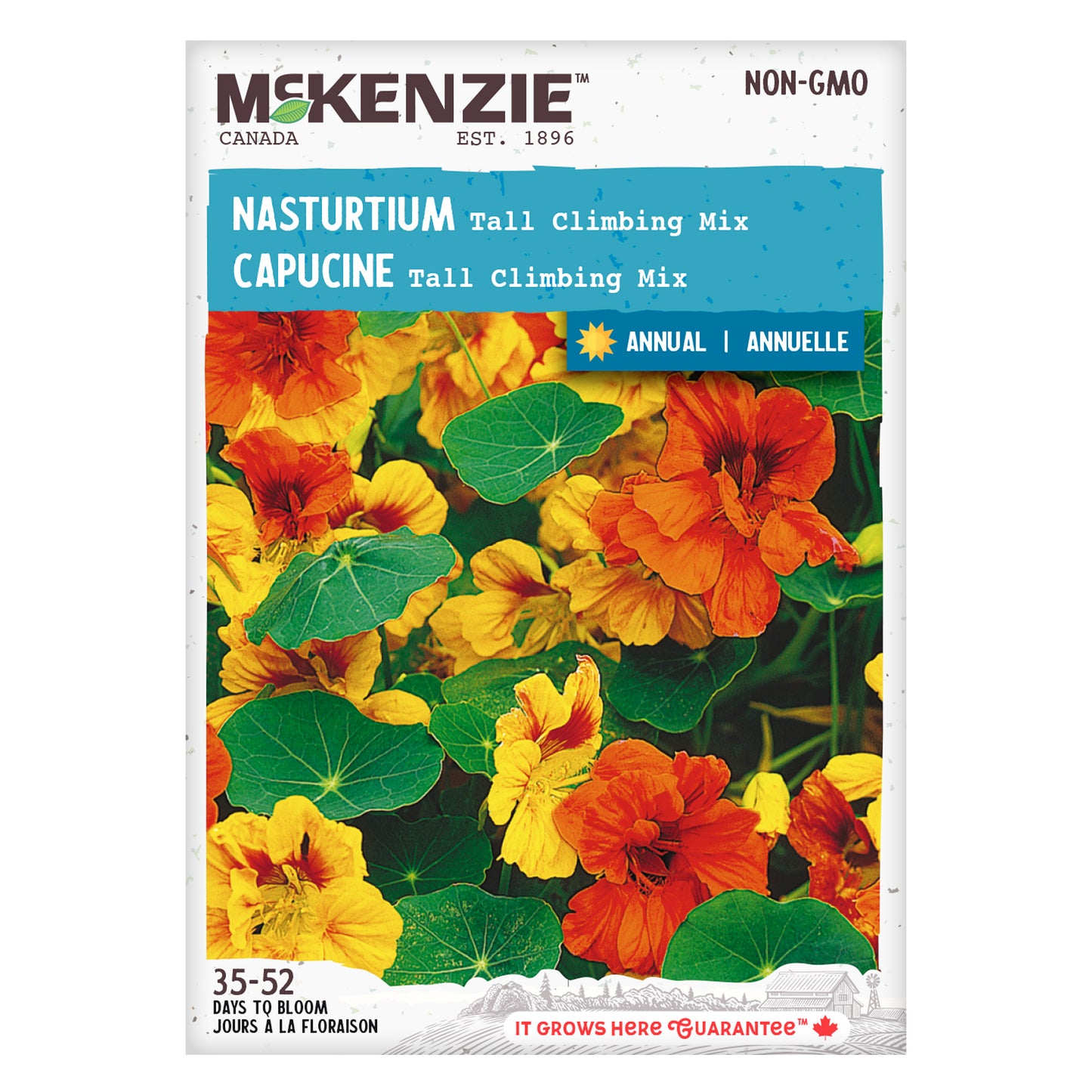 Front of McKenzie Seeds Nasturtium seed packet showing brand logo