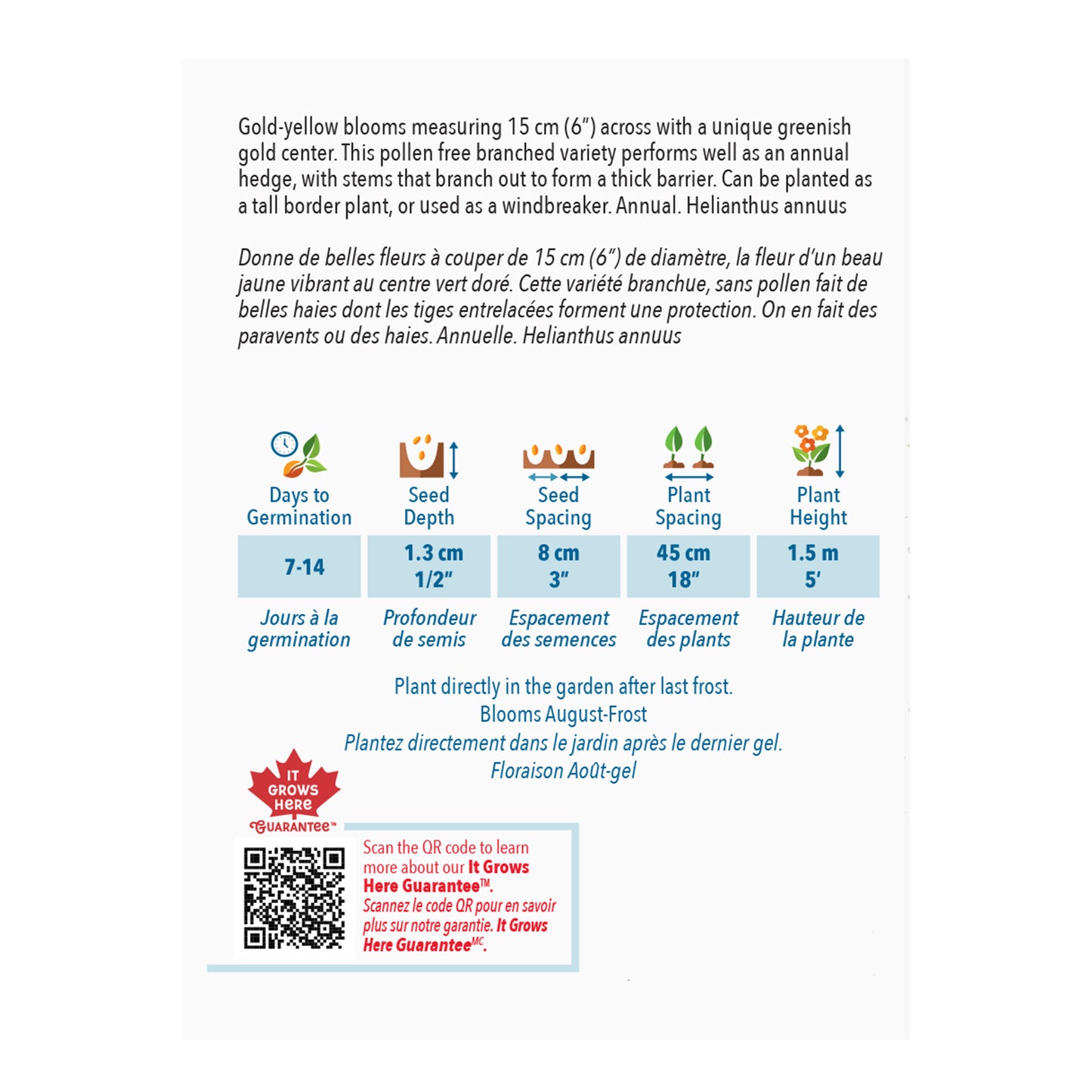 Seed packet with plant information and QR code on a white background