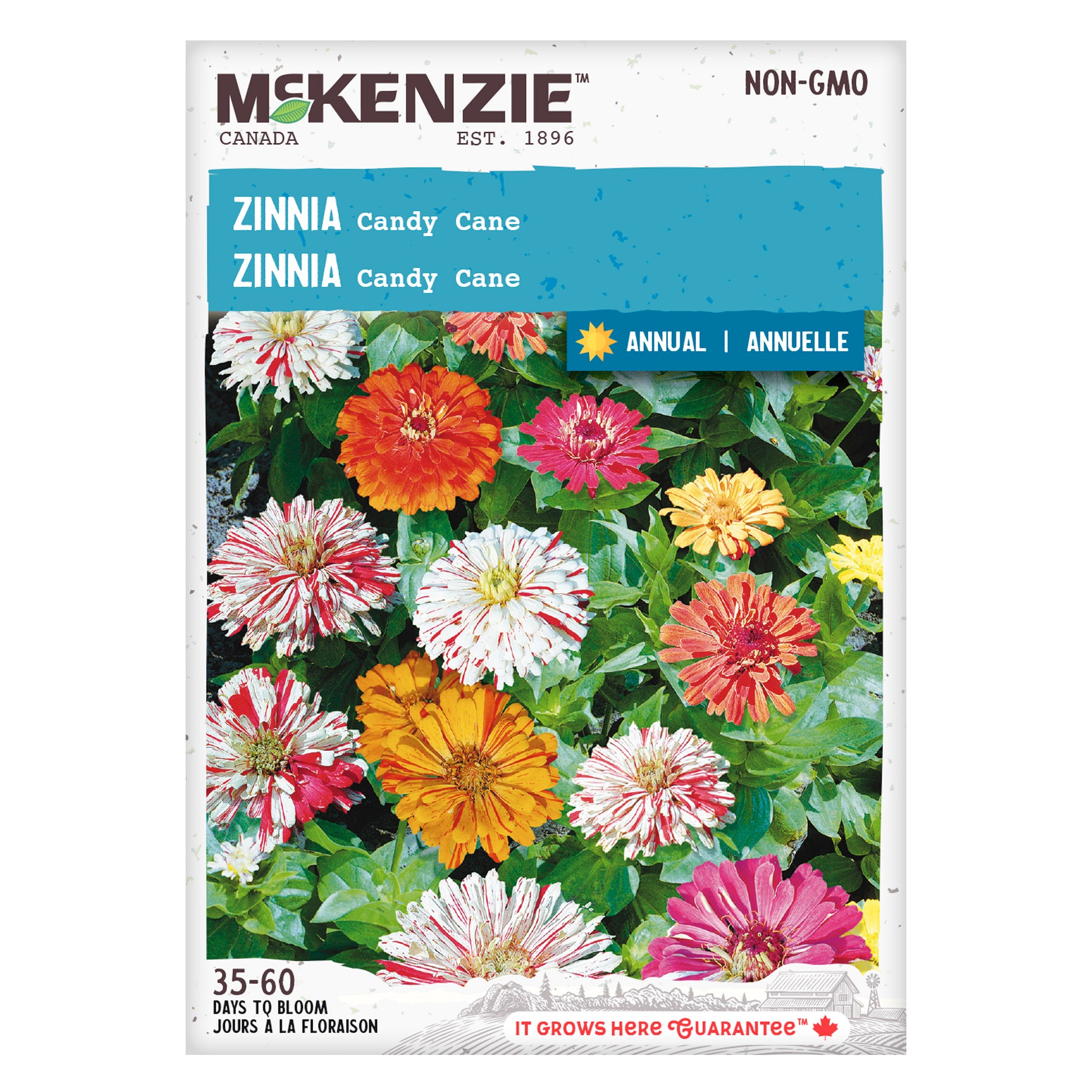 Front of McKenzie Seeds Zinnia seed packet showing zinnia variety name and brand logo