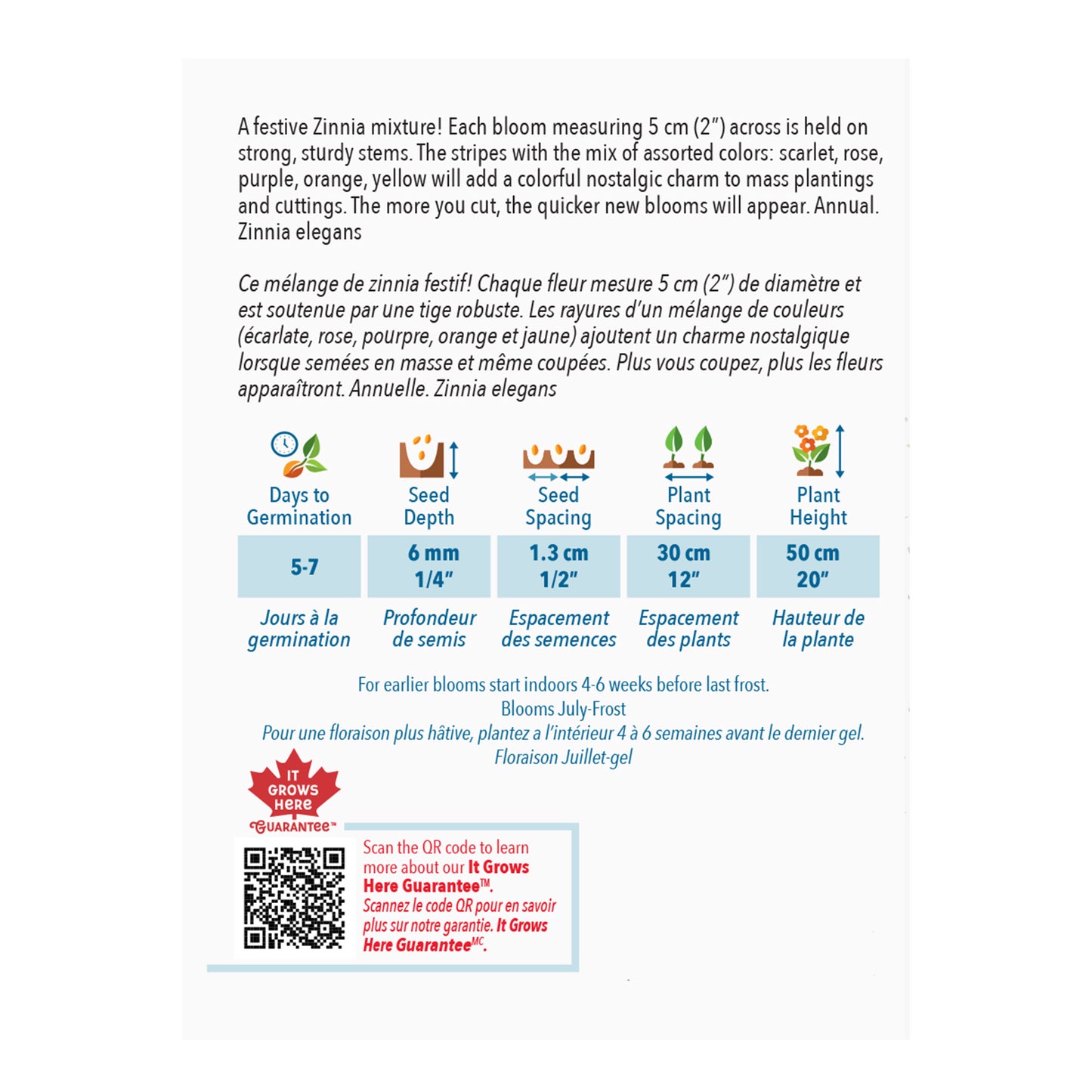 Seed packet with planting instructions and product details on a white background