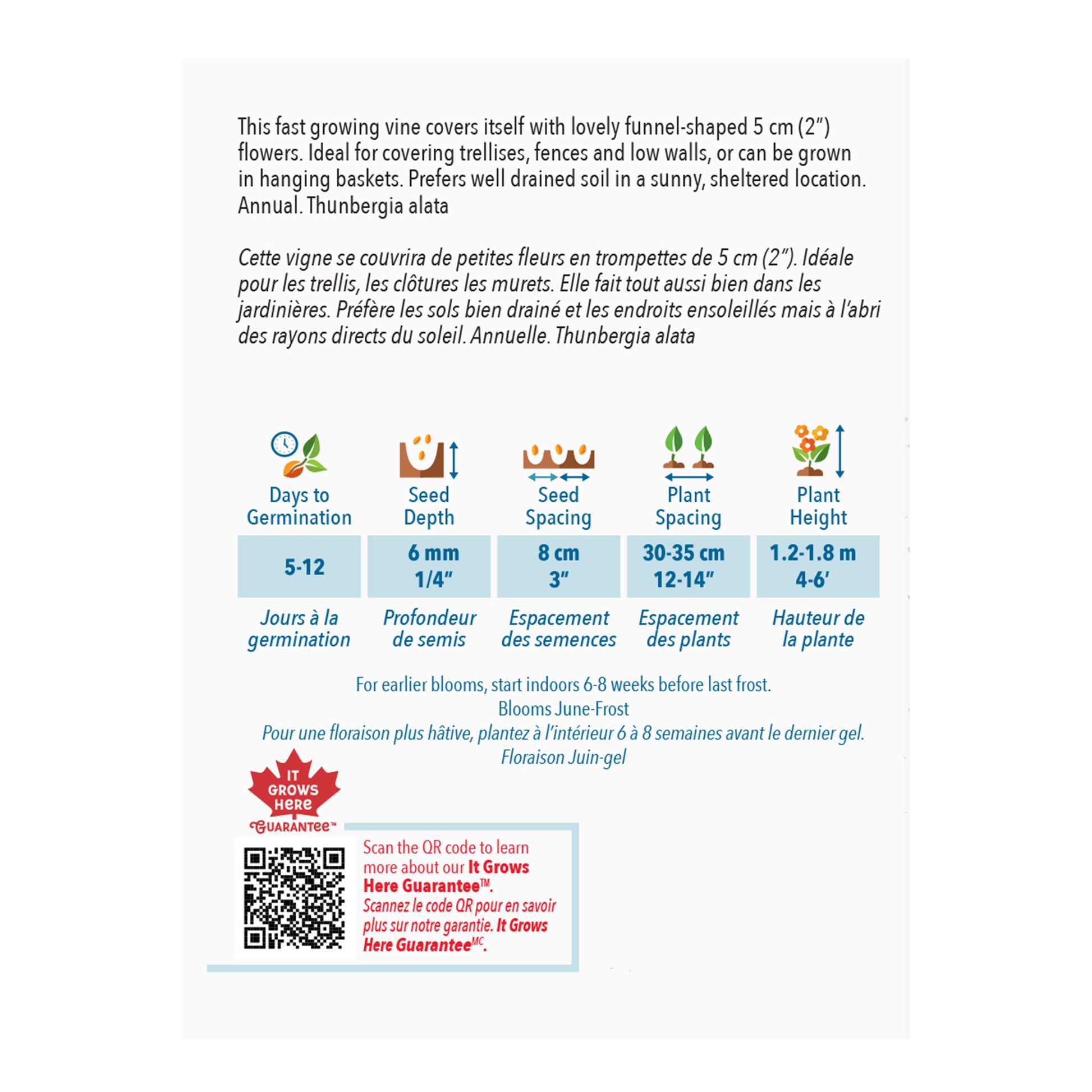 Gardening label with plant information and QR code on a white background