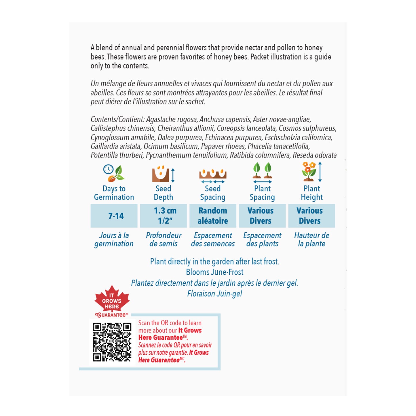 Seed packet with planting instructions and flower list on a white background