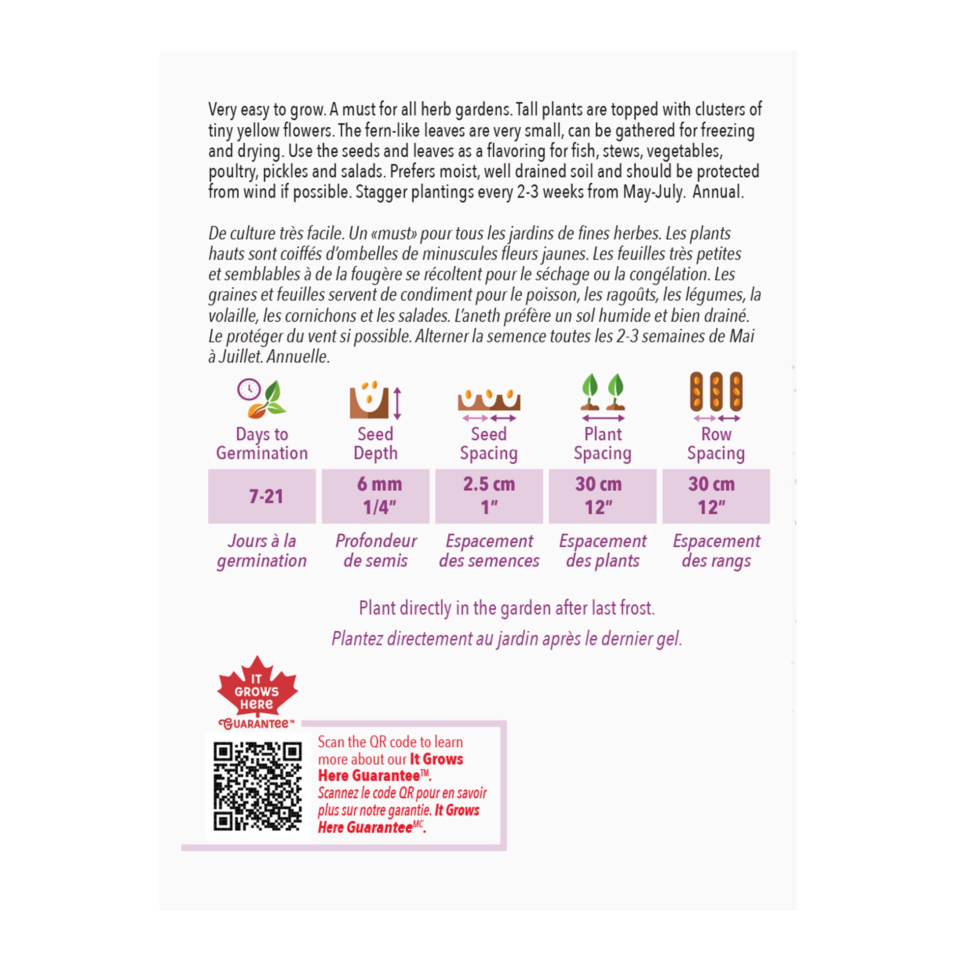 Back of a seed packet with planting instructions and product details.
