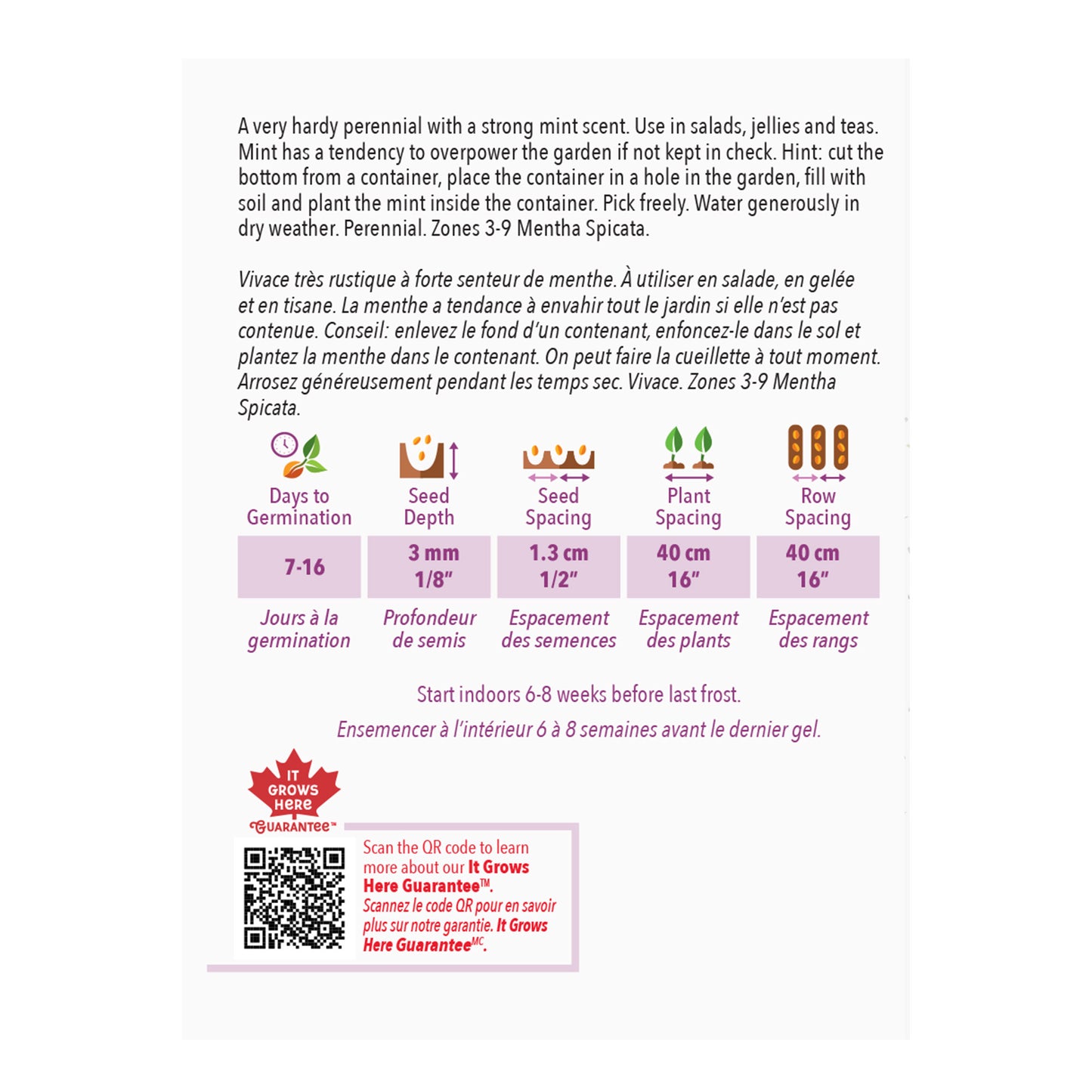 Seed packet with plant care instructions and product details on a white background