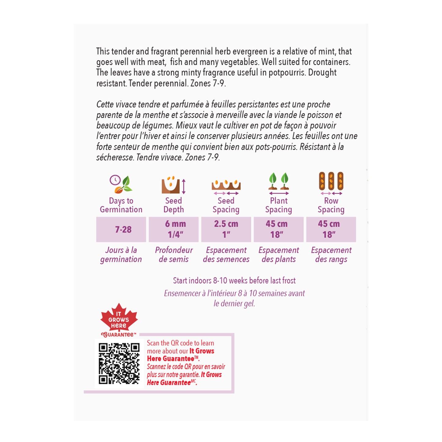 Back of a seed packet with text and icons on a white background