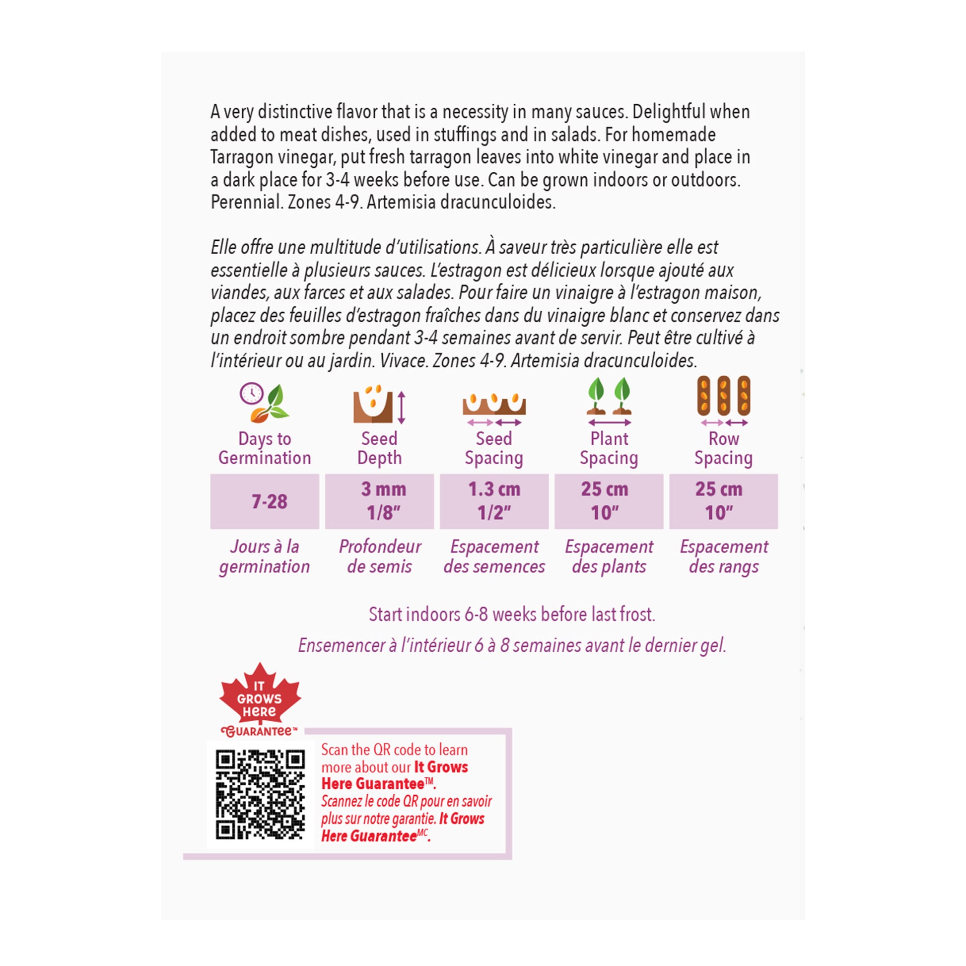 Seed packet with planting instructions and product details on a white background