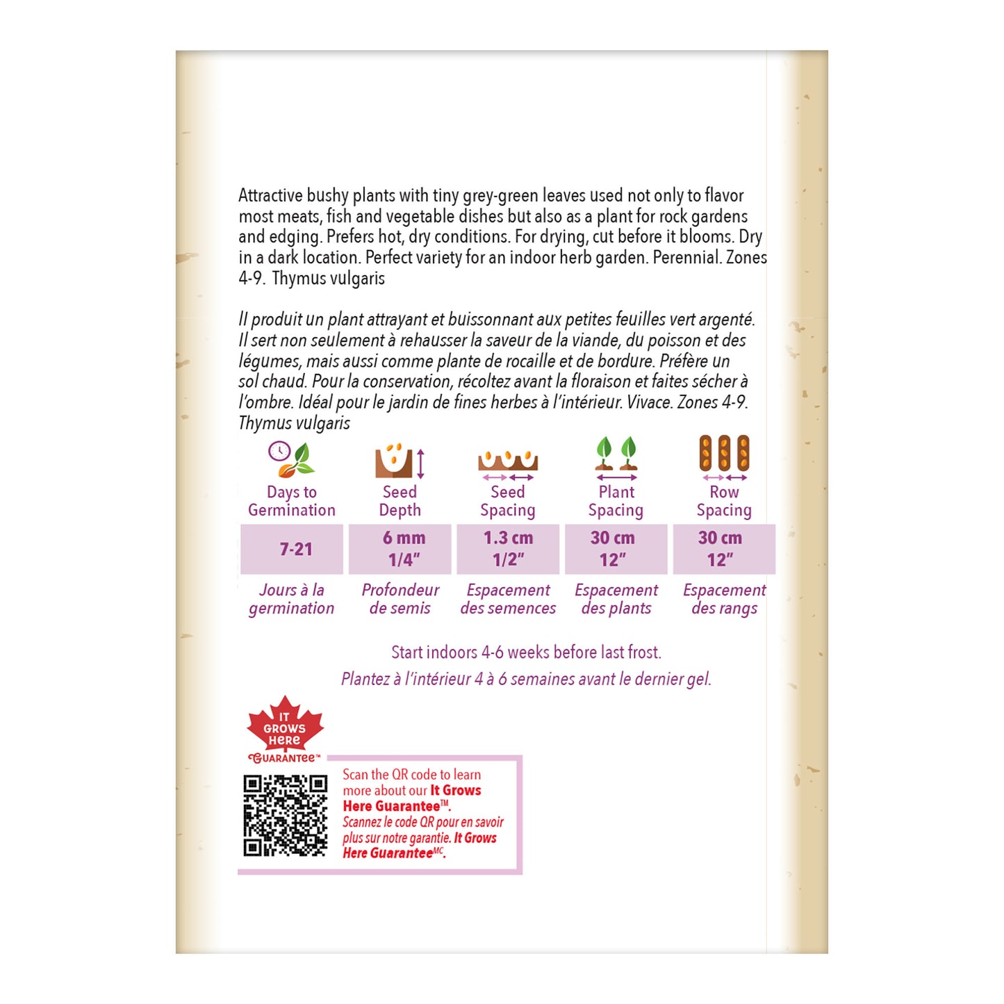 Seed packet with plant information and QR code on a white background